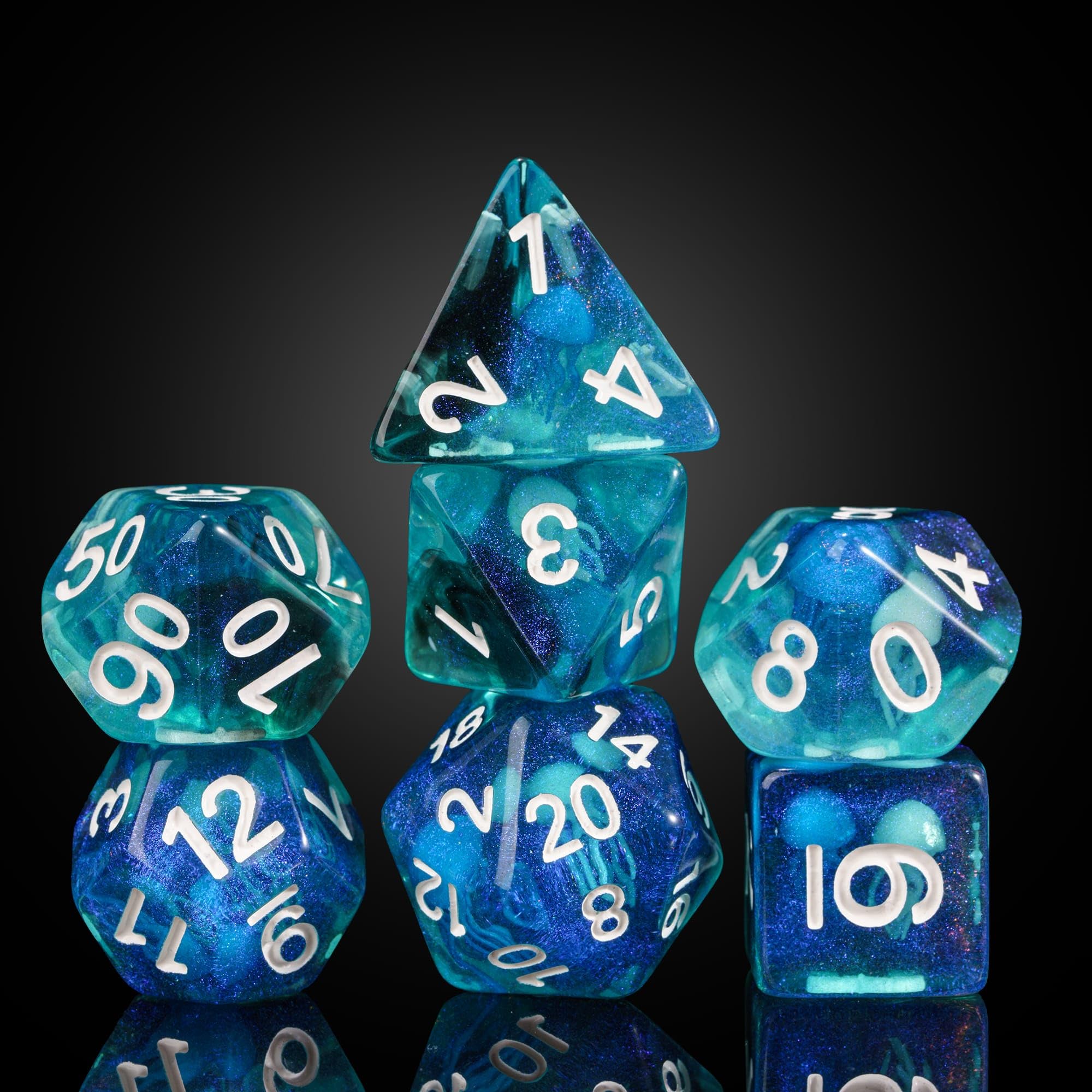 UDIXI D&D Polyhedral Dice Set, 7PCS Resin DND Dice Set Glow in Dark for RPG and Other Tabletop Games, d and d (Jellyfish) โ image 1
