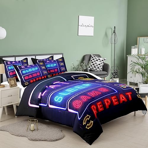 Miniatura 2 de NINENINE Juego de ropa de cama con estampado de videojuegos tamaño individual para niños y adolescentes, juego de ropa de cama de color morado y