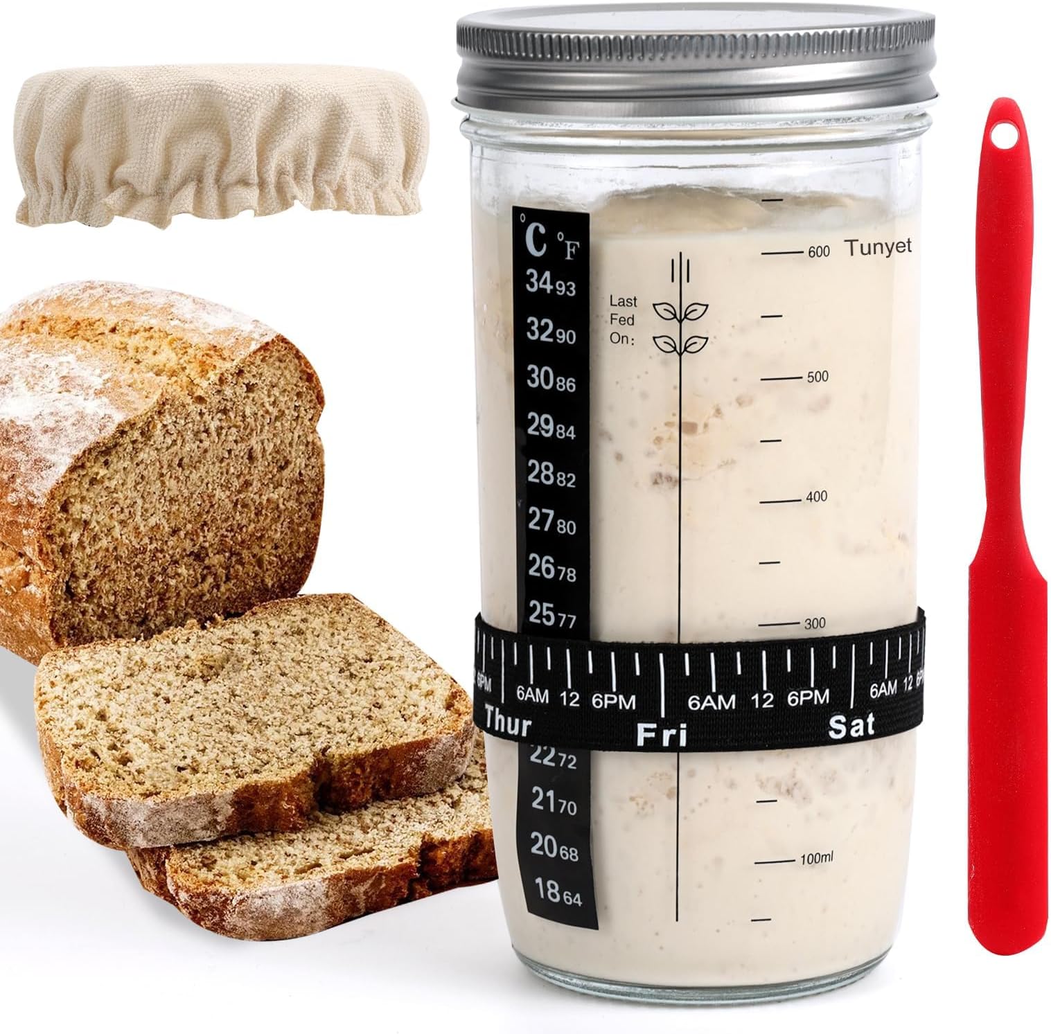 - Supvox® 730ml Sourdough Starter Kit, 25oz Sourdough Starter Jar with Metallic Lid, Silicone Spatula, Feeding Tracker, Extra Thermometer Strips & Breathable Covers Sourdough Bread Starter Kit