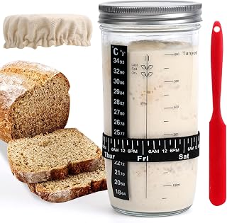 Supvox® 730ml Sourdough Starter Kit, 25oz Sourdough Starter Jar with Metallic Lid, Silicone Spatula, Feeding Tracker, Extra Thermometer Strips & Breathable Covers Sourdough Bread Starter Kit