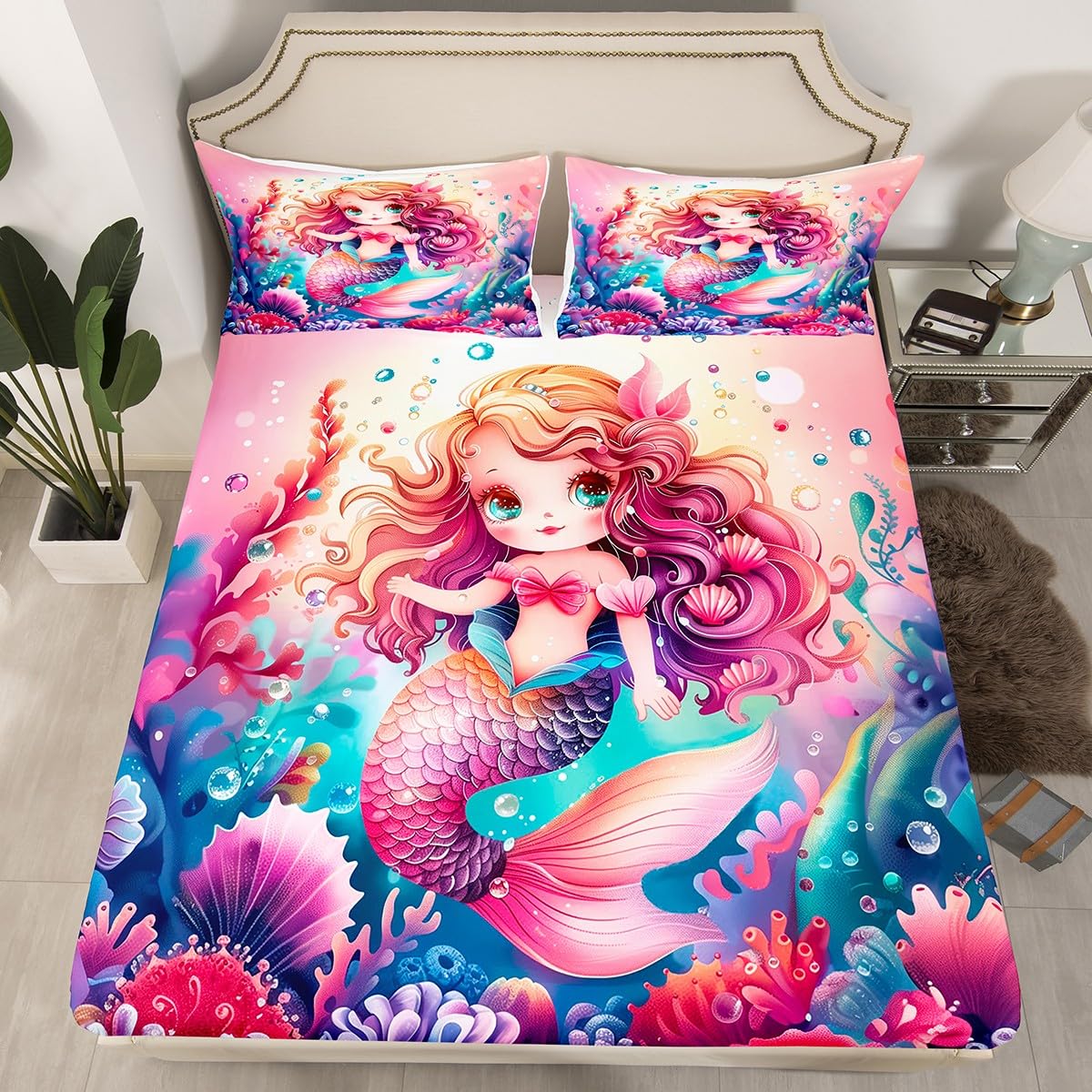 Kawaii Mermaid Fitted Sheet Queen Size Girlish Fairy Tale Bedding Set Kids Room Decor Undersea Coral Seaweed Bed Cover with 2 Pillowcases Mermaid Tail Soft Polyester Bedding,No Top Sheet