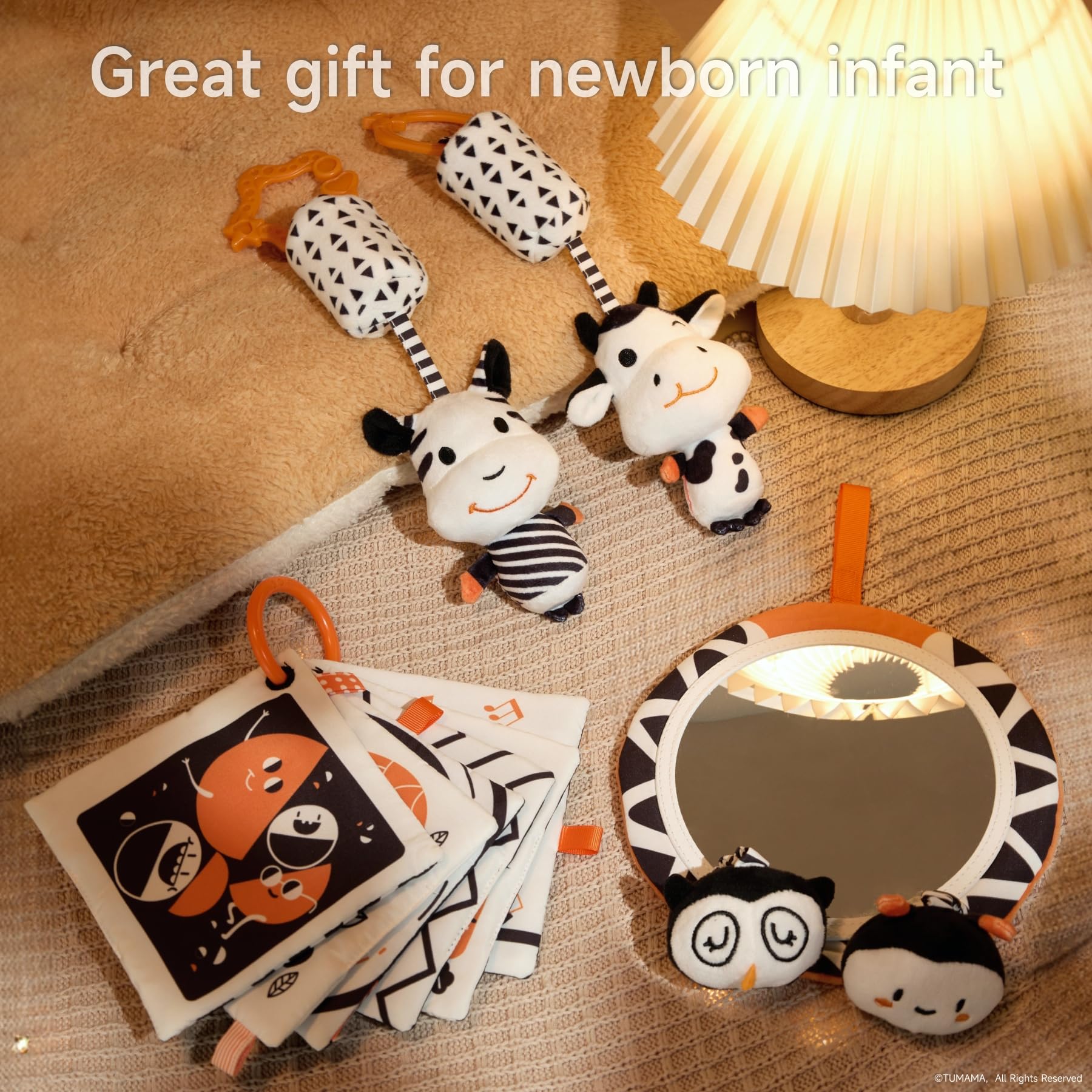 TUMAMA Jouet Hochet Bebe 0 2 3 4 6 8 9 Mois, Poussette Livre Noir Et Blanc Bébé 0-3 Mois Avec Le Miroir, Peluche Jouets livres D'éveil Cadeau pour Naissance Nouveau Né Garçons et Filles (4pcs)