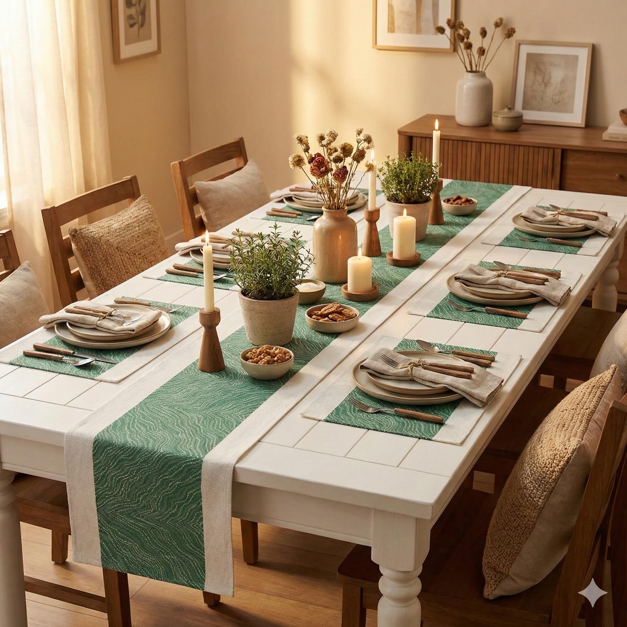YELONA Placemats and Table Runner Set – Heat Resistant, Non-Slip & Washable PVC Vinyl Dining Table Mats – Jade Green (6 Placemats: 45x30 cm, 1 Runner: 180x30 cm)