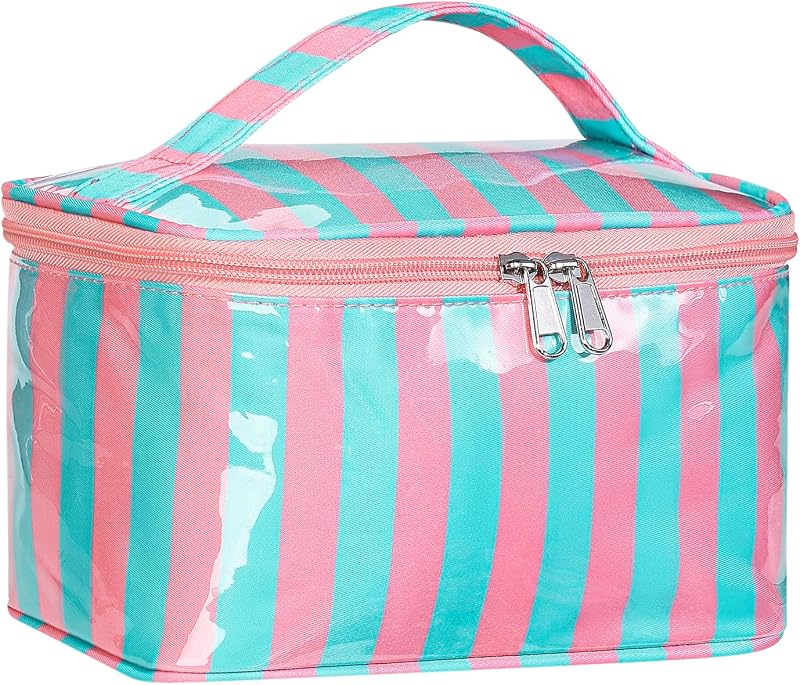 Necessaire de maquiagem em PVC listrado com abertura superior Lestikave 03Pink Blue