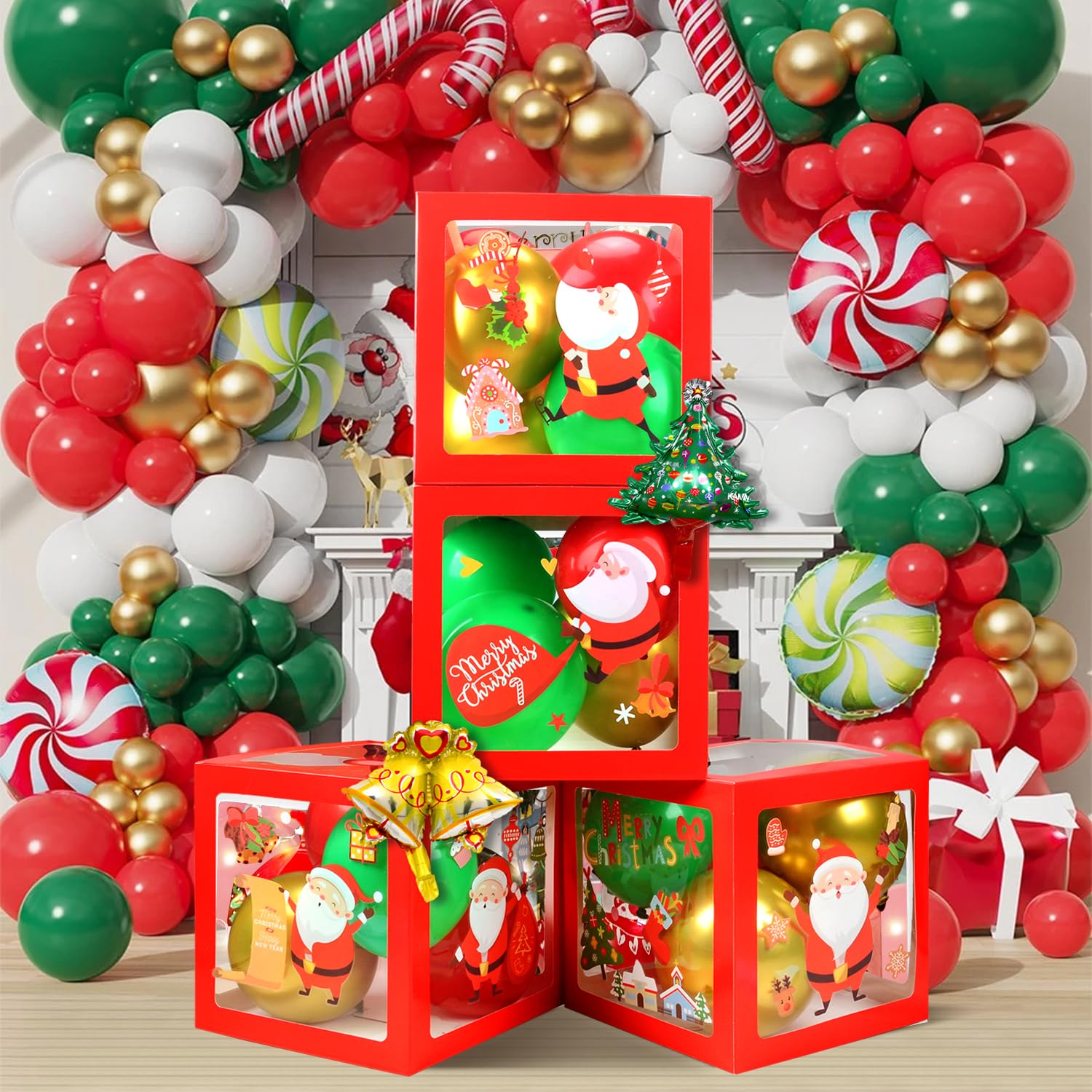 Christmas Decorations Balloons Boxes, 4PCS Red Transparent Boxes with Balloons, 4PCS Christmas Balloons, 9 Sheets XMAS Window Stickers for Home Decor Backdrop Baby Shower Christmas Party Decorations