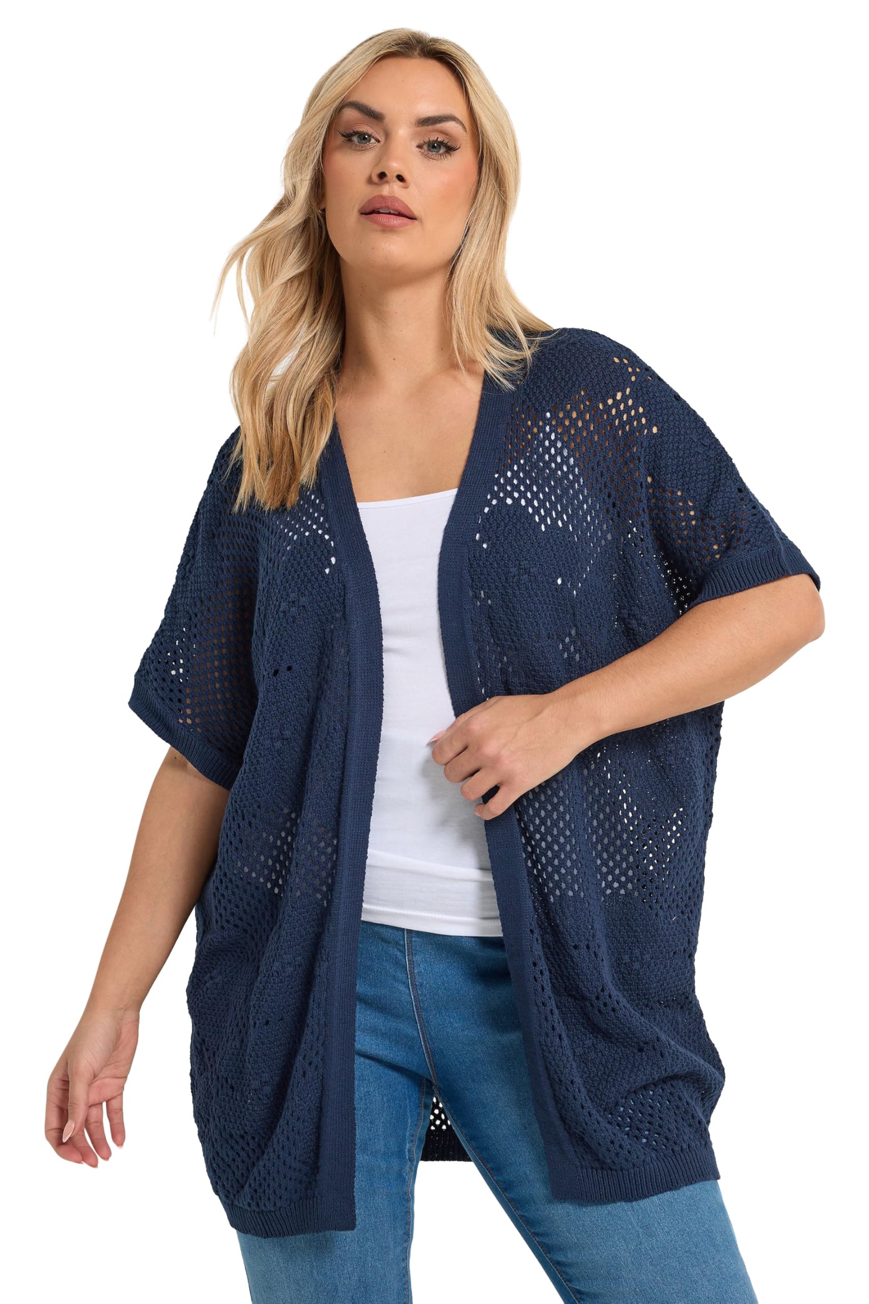 Yours Curve Blue Pointelle Floral Cardigan - Women's - Plus Size Curve