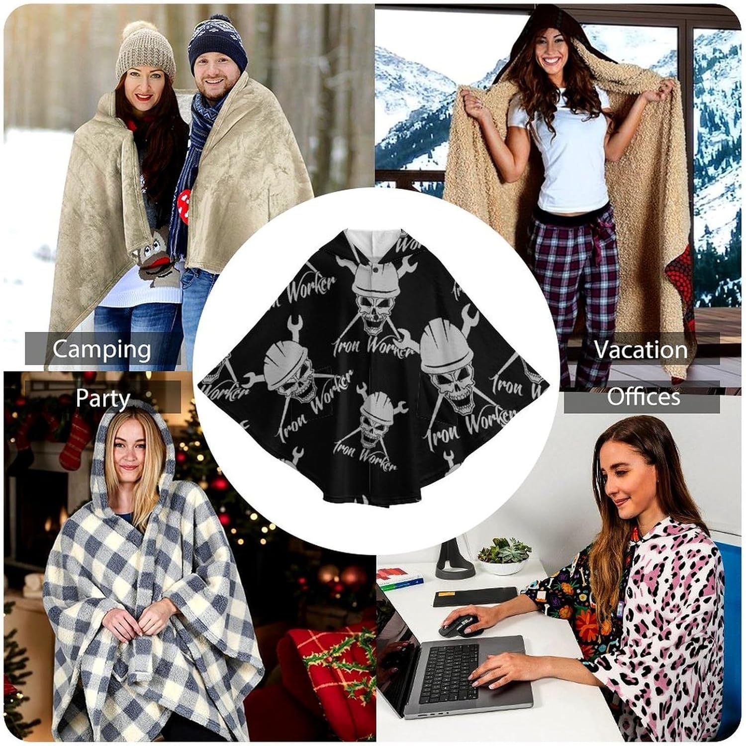 Iron Worker Skull Wearable Blanket with Hooded Flannel Blankets Cape with Pocket
