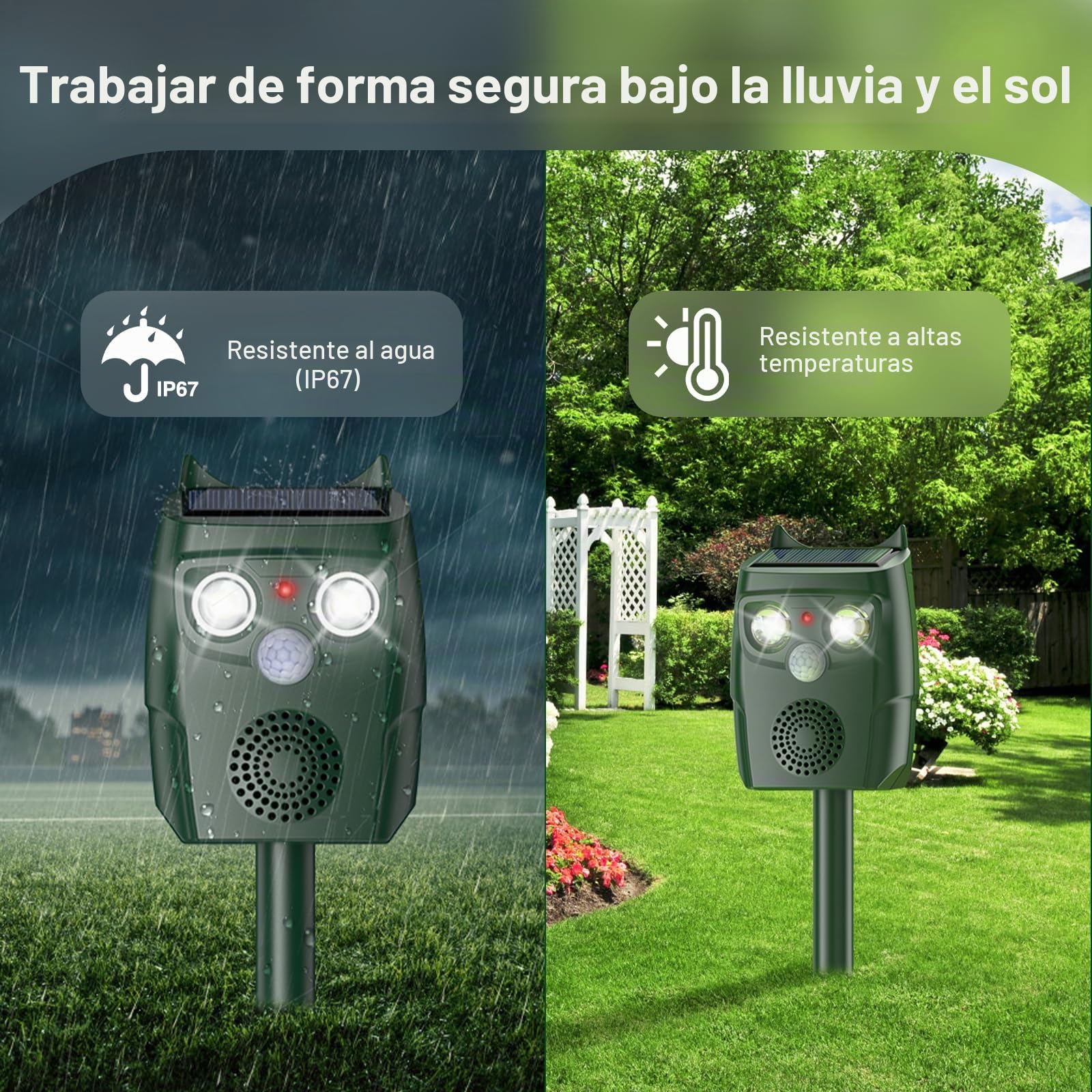 Repelente Gatos para jardín, Ahuyentador Gatos Ultrasónico con Detector de Movimiento, 3 Modos Ultrasónicos y Flash Pueden automáticamente Ahuyentador De Pajaros, Resistente a la Intemperie, Solar