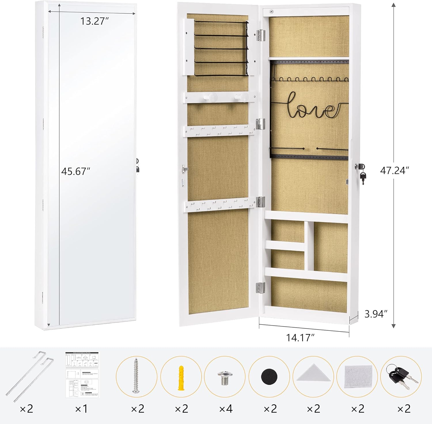SZQINJI Jewelry Armoire Cabinet with Full-Length Mirror, Large Storage Jewelry Organizer, Wall/Door Mounted, Lockable, Pure White : Clothing, Shoes & Jewelry