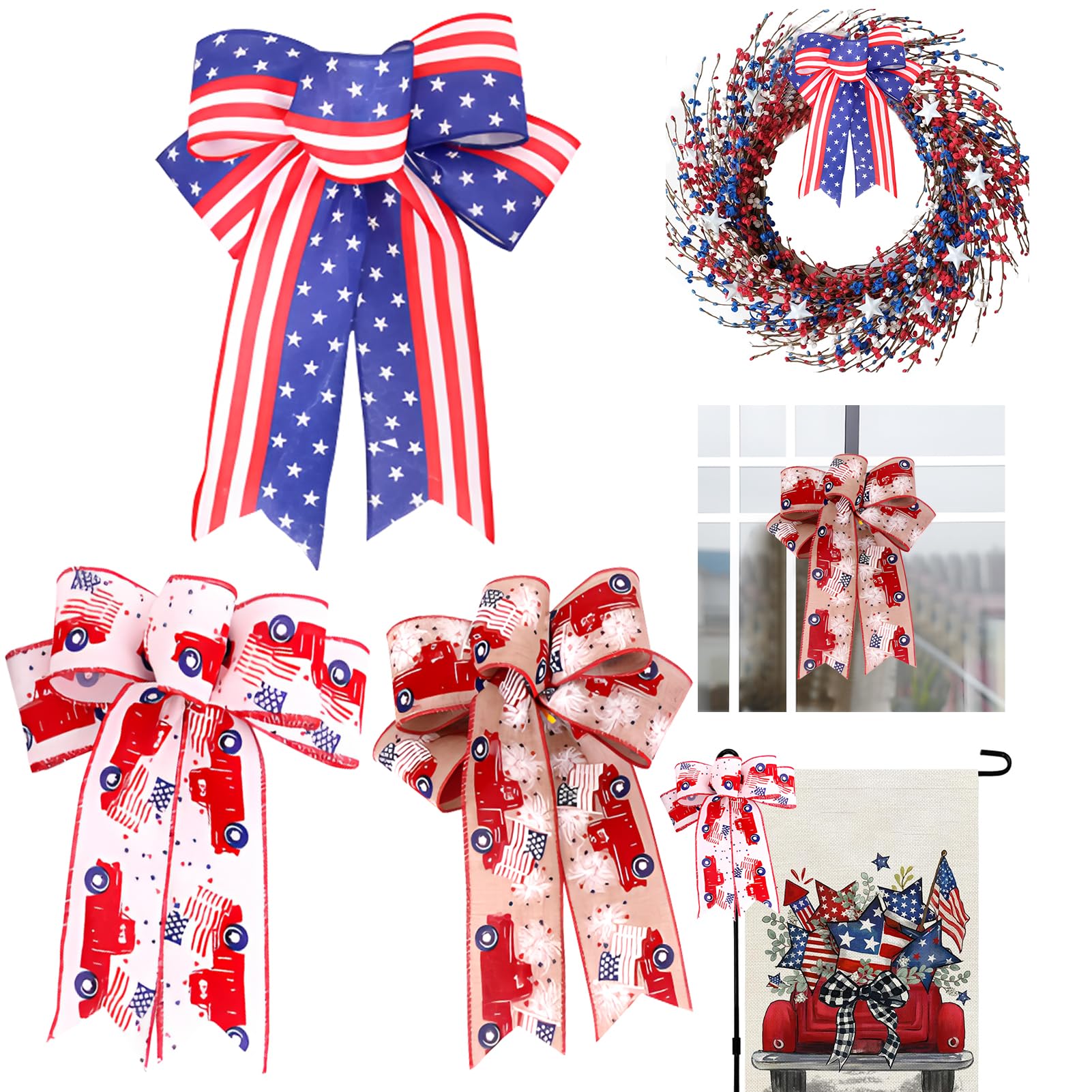 Kairova 3 PCS 4th of July Decorations Bows for Wreath Wall Door Patriotic Memorial Day Decorations Truck & Red White Blue Decorations Indoor Outdoor Tree Topper Independence Day Fourth of July Decor