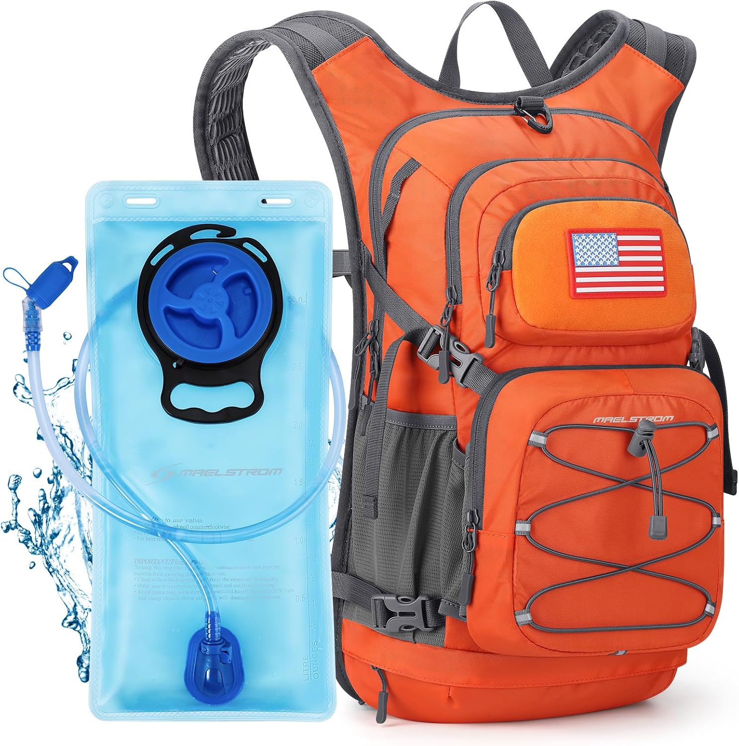 Maelstrom Hydration Backpack, Hiking Backpack with 2L/3L Water Bladder, High Flow Bite Valve Water Backpack Lightweight 3L Bladder 2.Orange