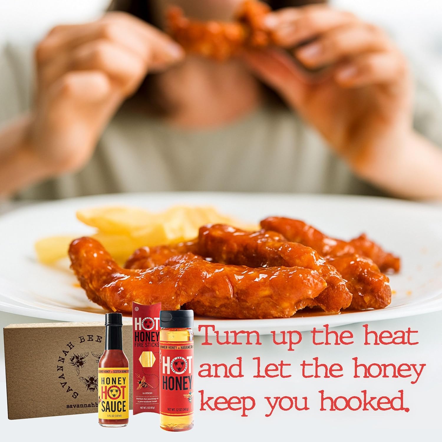 Savannah Bee Company Hot Honey Box Gift Set - Award-Winning Honey Collection - Includes Hot Honey, Sauce, and Fire Sticks - Perfect Gourmet Gift for Spice Lovers