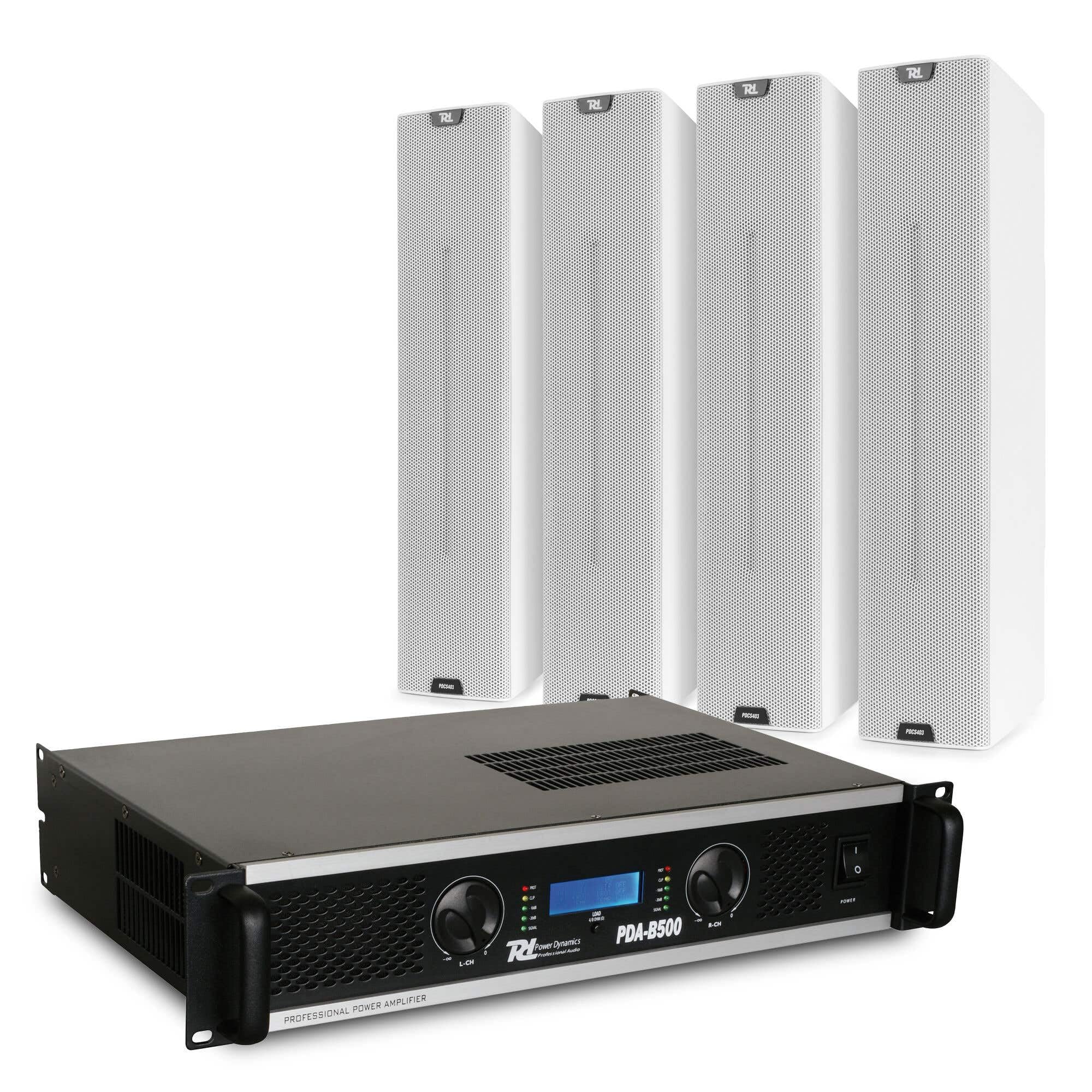 Sistema de Altavoces pasivos Blancos 130W con Amplificador Profesional, 4 woofers de 3” + Tweeter, IP44 Resistentes a Salpicaduras, Montaje en Pared o Techo para Interiores y Exteriores