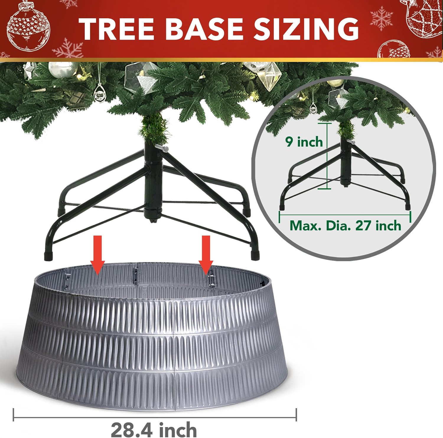 Christmas Tree Collar - Rome Design Skirt, Lightweight, Sustainable - 9 Panels, Easy Setup & Storage - Protects Tree from Pets - Fits Trees Up to 8 Feet Tall (Silver, 9 Panels)