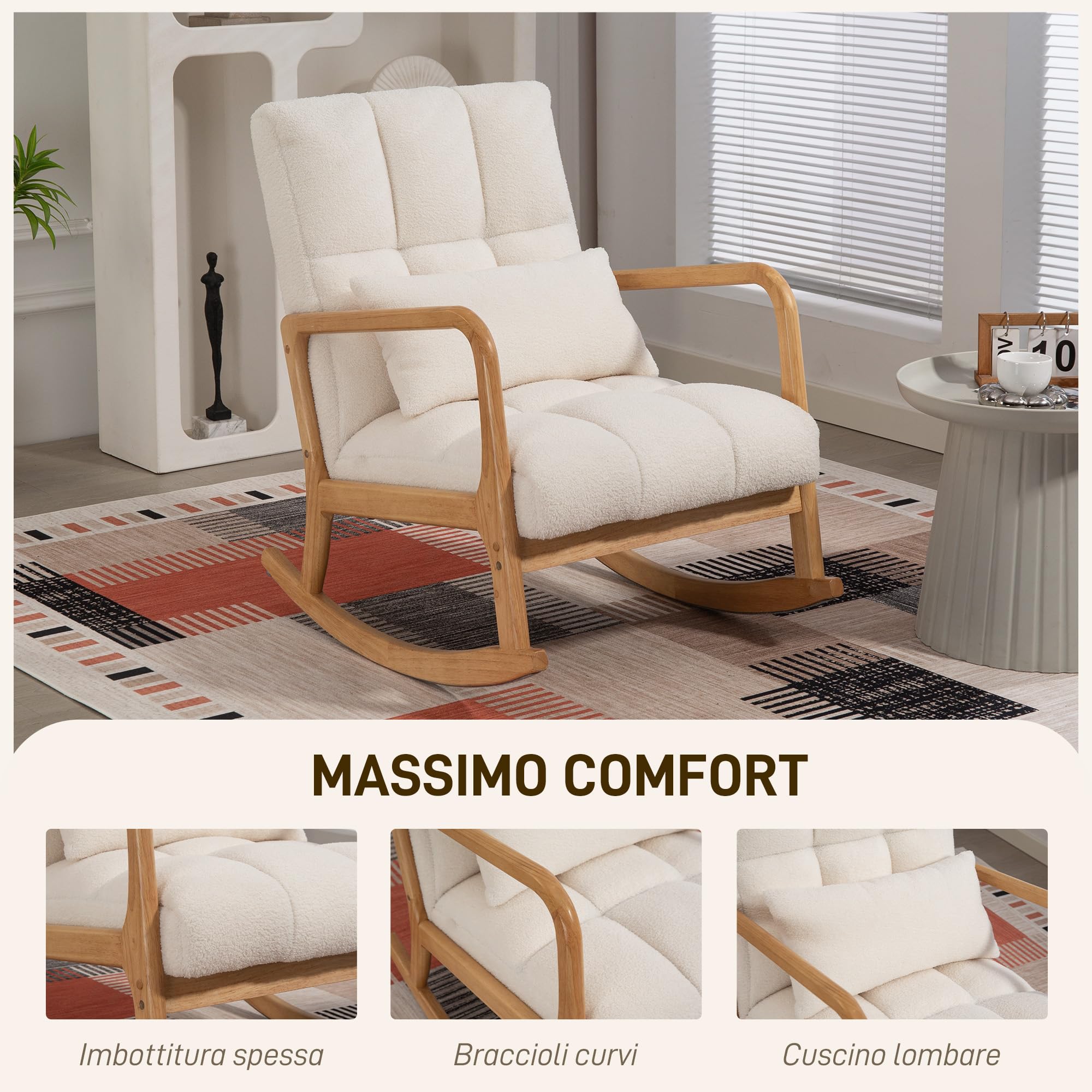 HOMCOM Poltrona a Dondolo 90°-130° con Cuscino Lombare, Poltrona per Salotto in Tessuto Sherpa e Legno, 64.5x82x89 cm, Bianco e color Legno