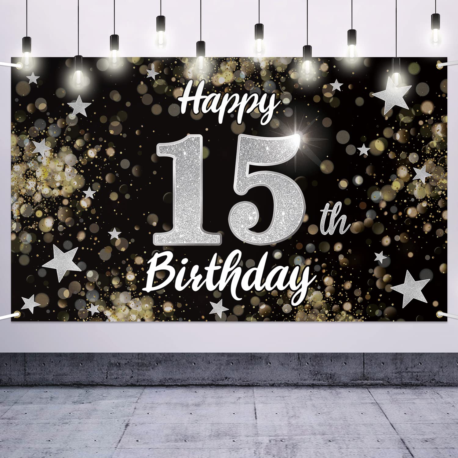 Nelbiirth Happy 15th Birthday Decorations,15th Black & Silver Dream Star Large Birthday Banner Backdrop Sign - Cheers to Fifteen Years Old Bday Party Decoration.