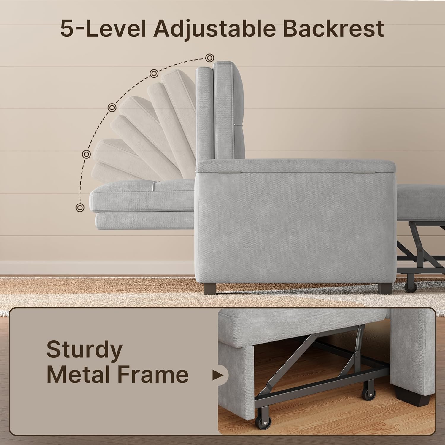 Close-up of the 5-level adjustable backrest mechanism and the sturdy metal frame of the sofa bed.