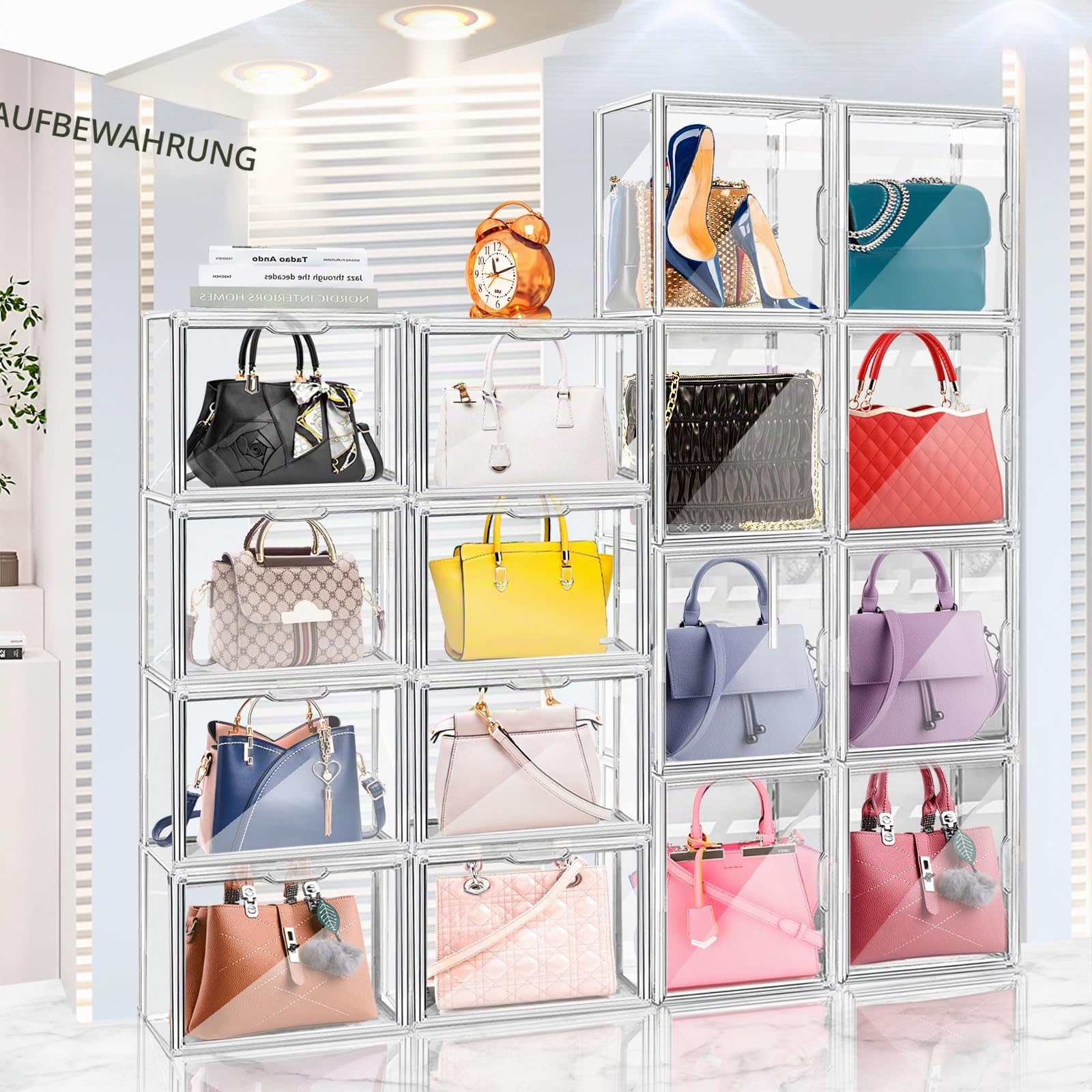4 Packungen transparente Kunststoff-Handtaschen-Aufbewahrungs-Organizer für Schrank, Acryl-Displaybox für Handtasche, stapelbare Aufbewahrungsboxen, Taschen-Organizer mit magnetischer Tür