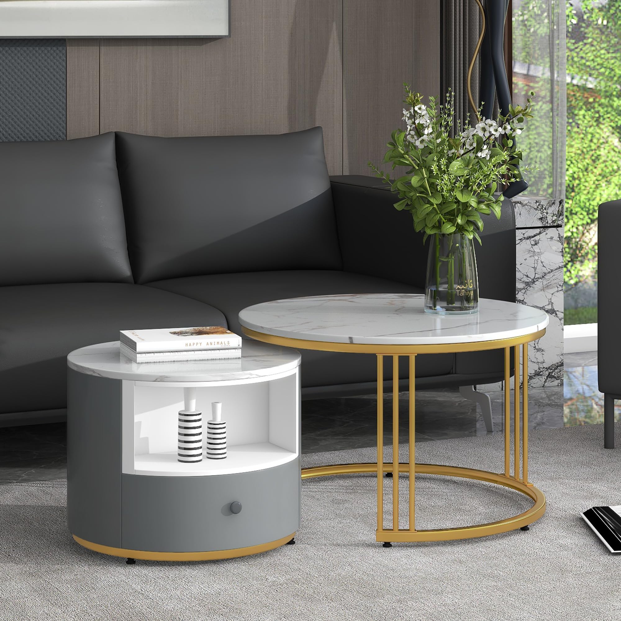Set 2 Tavolini Da Caffè Bianco E Grigio - Gambe In Legno, MDF, Per Soggiorno, Ufficio, Balcone
