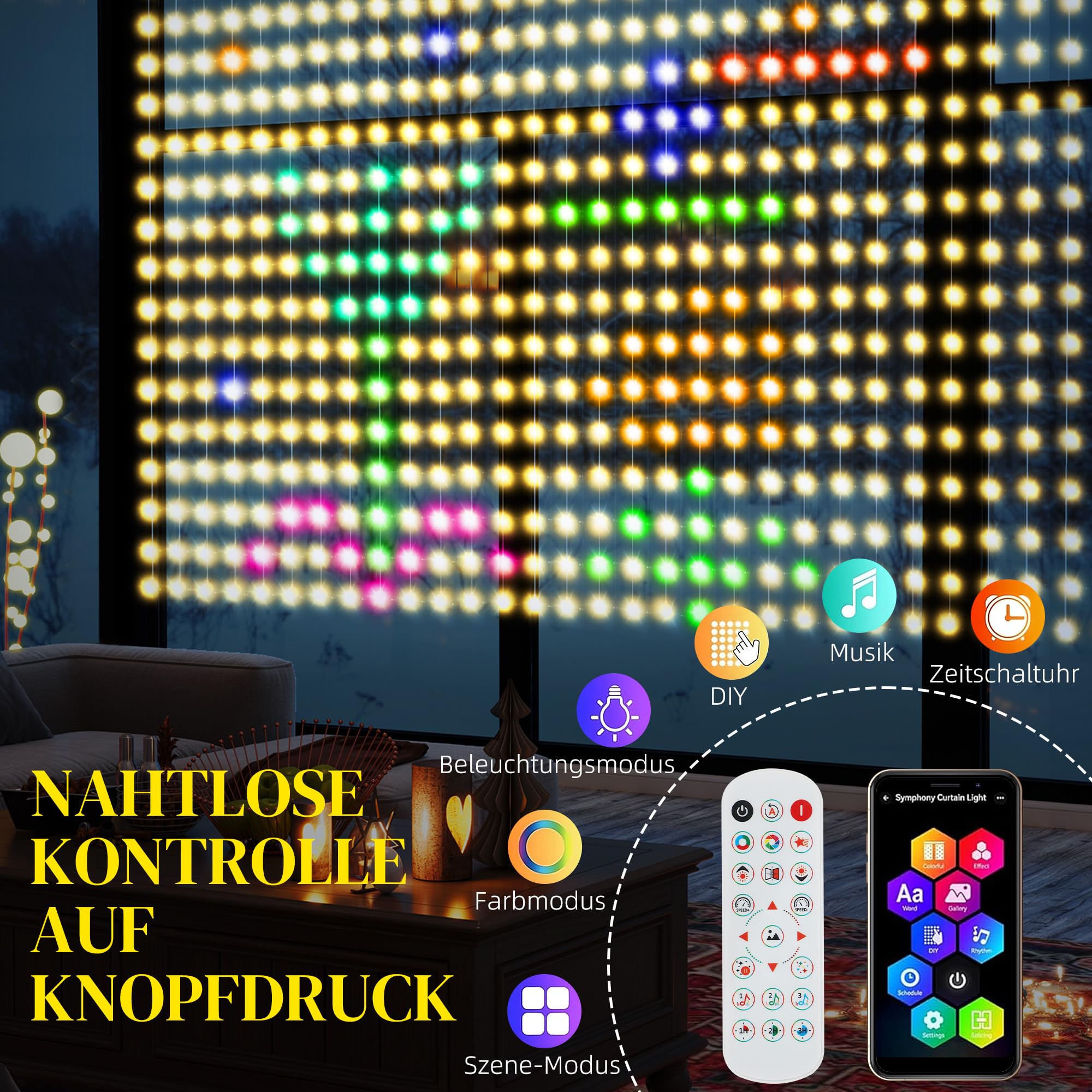 HOMCOM Lichterkette 3×3m 400 LEDs Lichtvorhang Verstellbare Helligkeit | Musik-Synchronisation, Szenenmodi, Timerfunktion, Lichterkettenvorhang, Innen Außen, IP44, Hochzeit, Party, Weihnachten