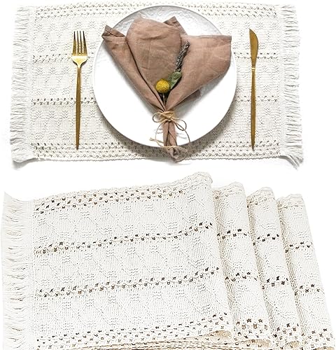 FEXIA Juego de 4 manteles individuales bohemios, decoración de mesa de macramé y manteles individuales estilo granja, de arpillera de algodón