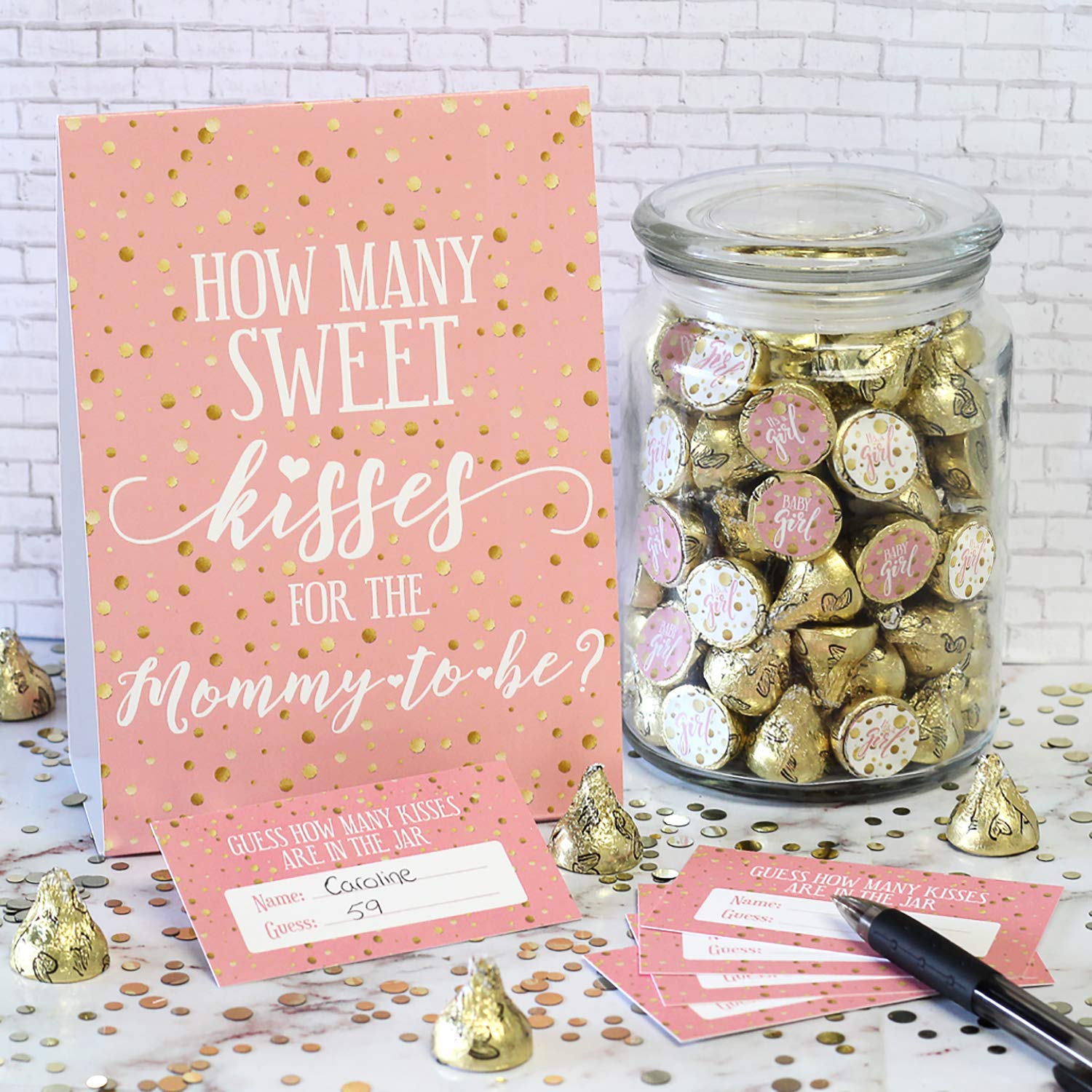 How Many Kisses Baby Shower Game Pink and Gold (Sign with Cards) Buy