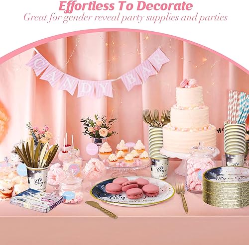 Miniatura 5 de 200 piezas de suministros de fiesta de revelación de género  Decoraciones de fiesta de baby shower  Juego de vajilla para revelación de género para