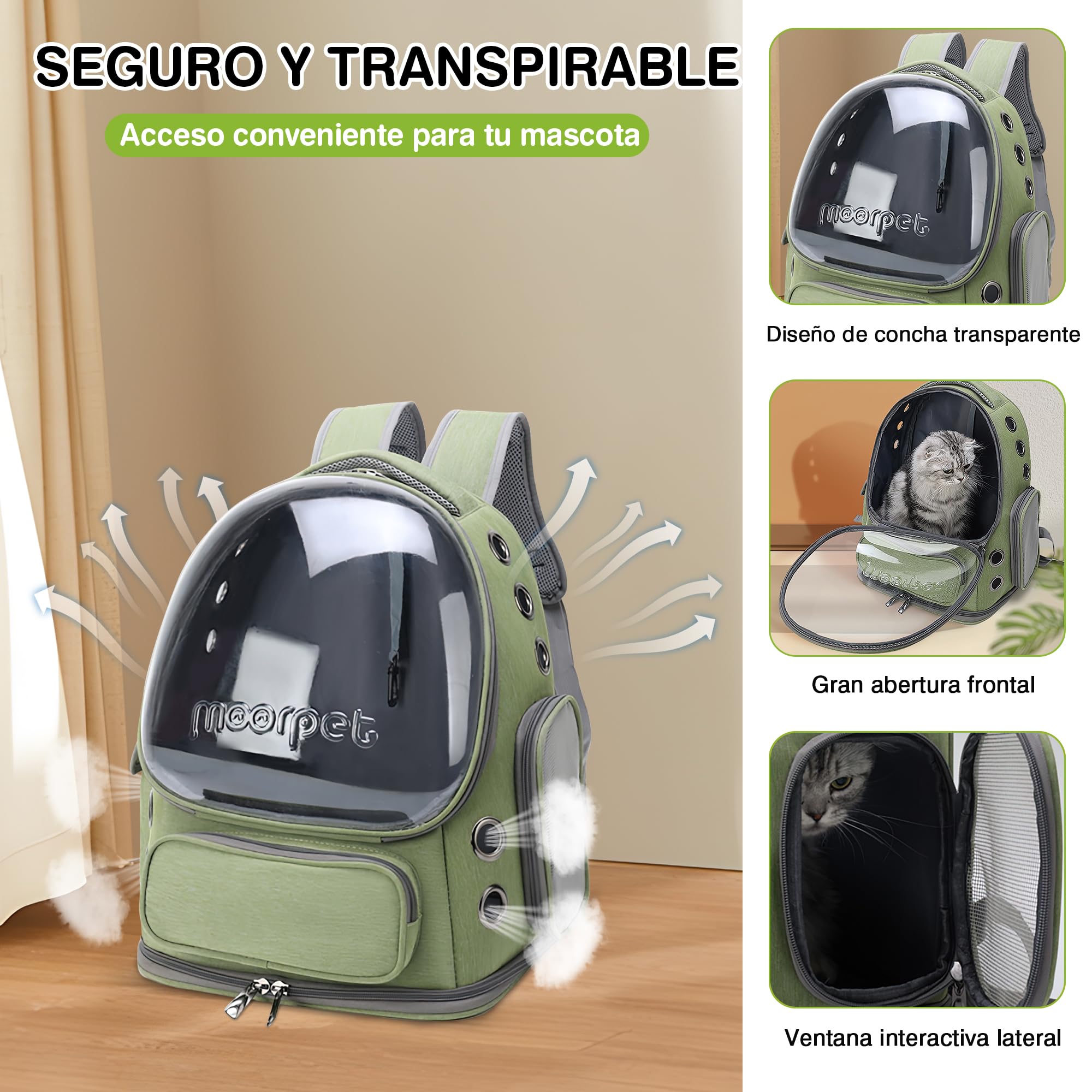 ALLSOPETS Mochila para Gatos y Perros con Diseño de Burbuja, Plegable y Portátil, para Mascotas hasta 7,5 kg, Ideal para Viajes, Senderismo y Visitas al Veterinario (Verde Bosque)