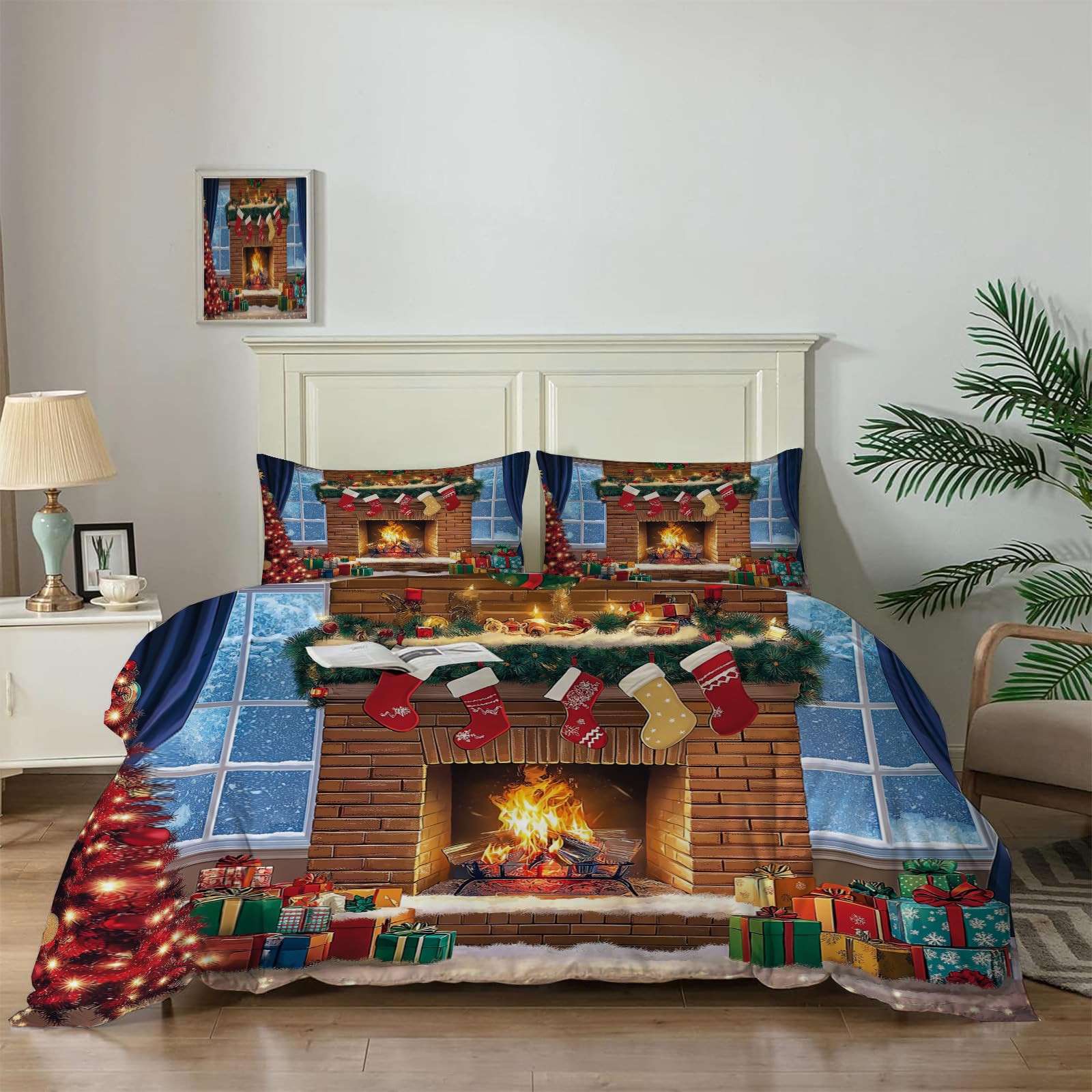 Parure de lit King de Noël motif cheminée rétro, le cadeau idéal pour l'hiver