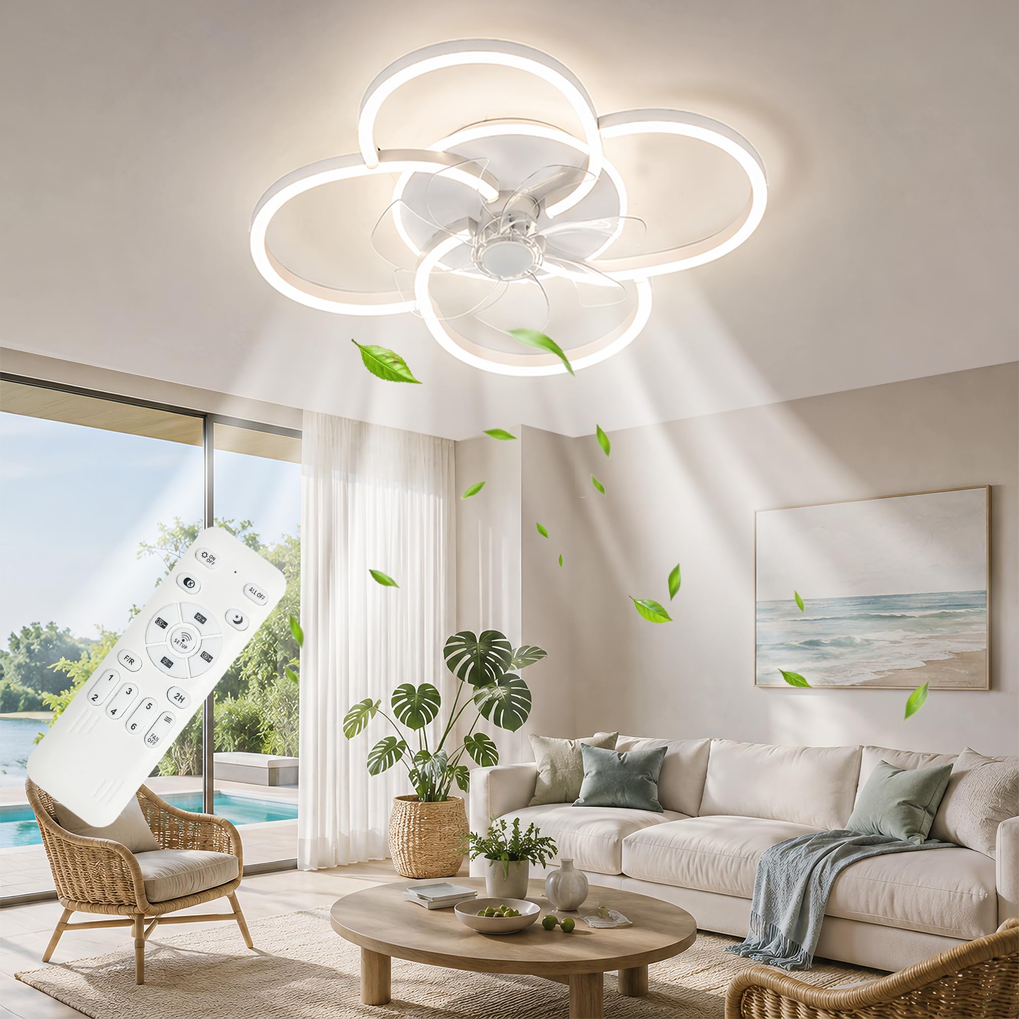 53cm Ventilatore da Soffitto con Luce, 6 Velocità Silenzioso Lampada Ventilatore da Soffitto con Telecomando per Camera da Letto, Cucina, Soggiorno, Bianco, 49W