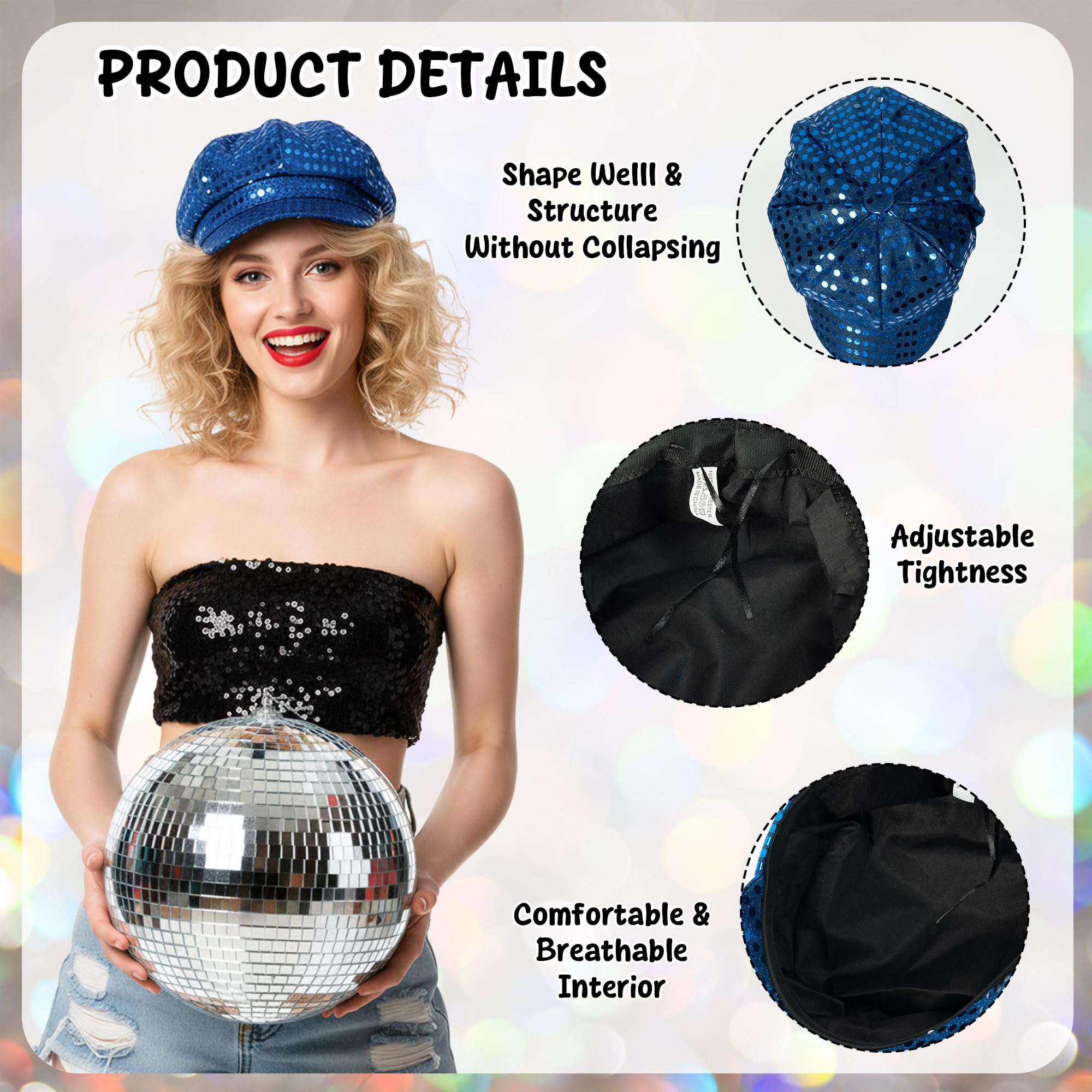 E1mity 70s Sequins Hat Abba Hat for Women 3PCS Blue Silver and Rose Glitter Disco Party Hats Fancy Dress Costume Accessories for Cosplay Retro Party Disco Hen Parties Night - Image 4