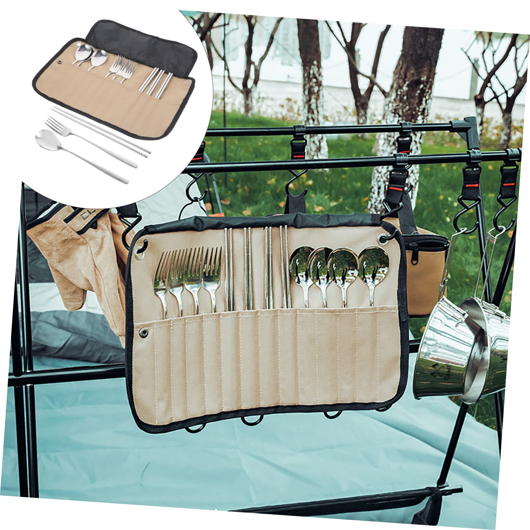 WOONEKY Set Di Utensili Da Cucina Da Campeggio Kit Di Posate Portatili Borsa Portaoggetti Per Escursioni E Picnic
