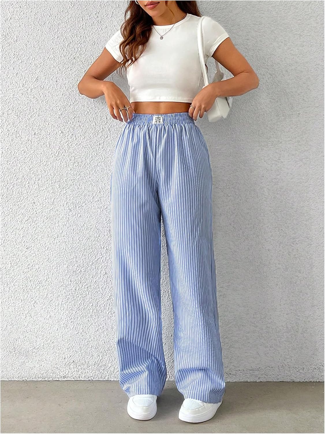 Floerns Women's Elastic Waist Striped Wide Leg Trousers Comfy Lounge Pants Beach Bottoms - Image 4