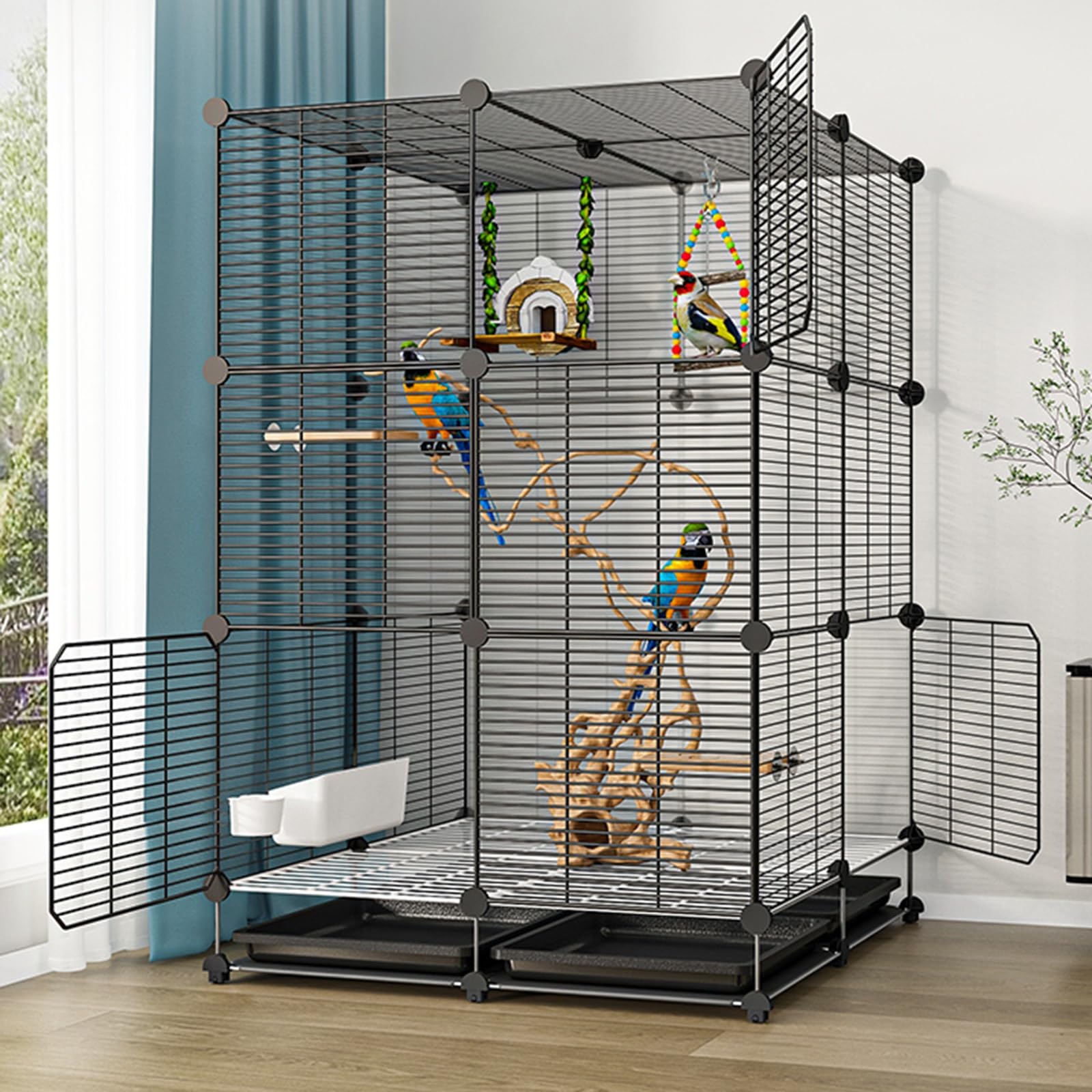 Grande cage à oiseaux 75x75x119cm sur roulettes pour nettoyer facilement sans effort