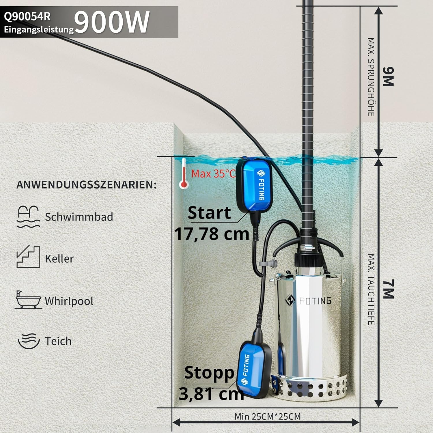 FOTING Edelstahl Tauchpumpe 900 W, 13.000 l/h, Förderhöhe bis 9 m, Eintauchtiefe bis 7 m, mit Schwimmerschalter, für Pool, Keller und Entwässerung