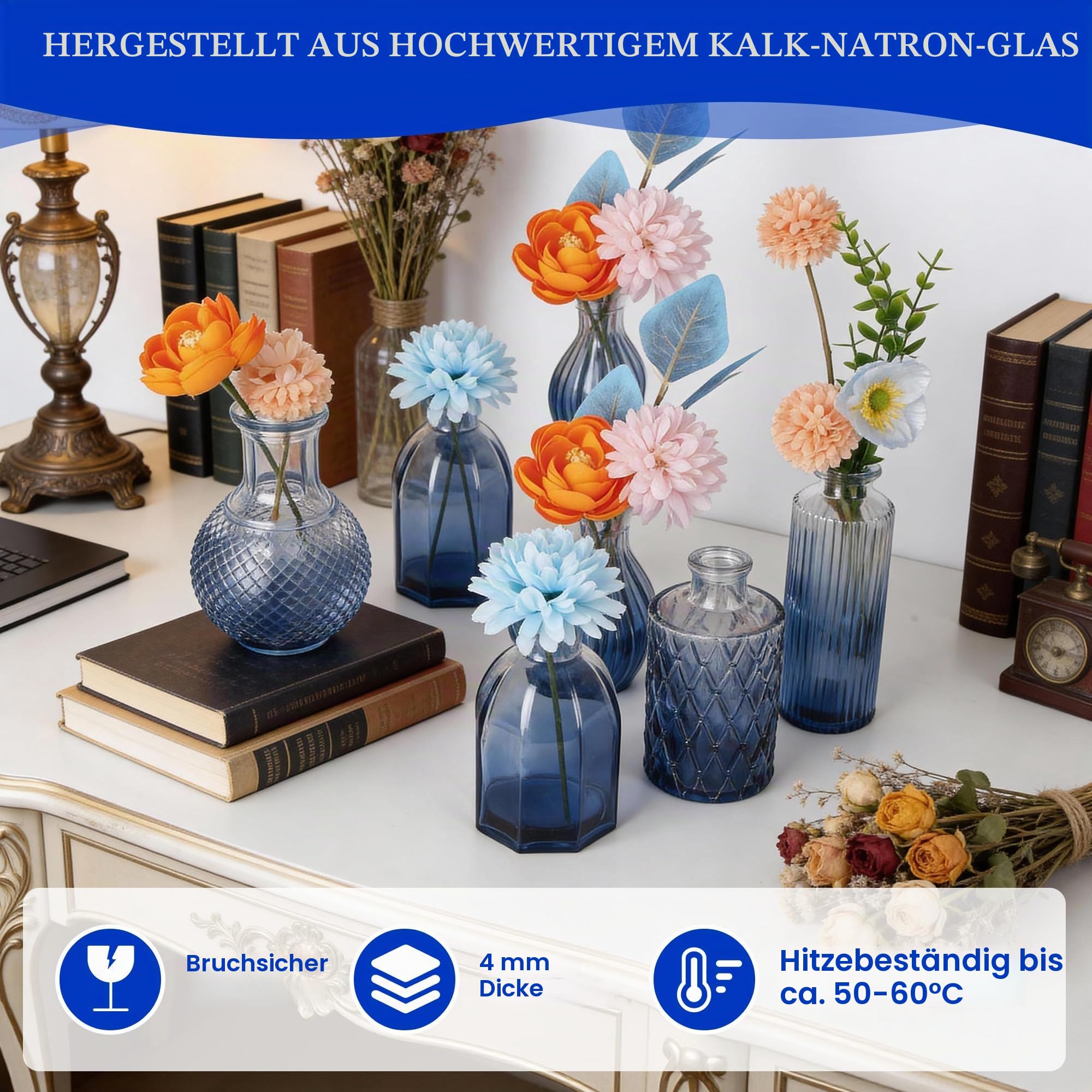 Kleine Vasen für Tischdeko, Vintage Mini Blumenvasen, Glasvasen für Hochzeit, Babyparty, Wohnungsdeko, Kleine Dekovasen für Blumen Pflanzen oder Geschenk,Blau 24er Set