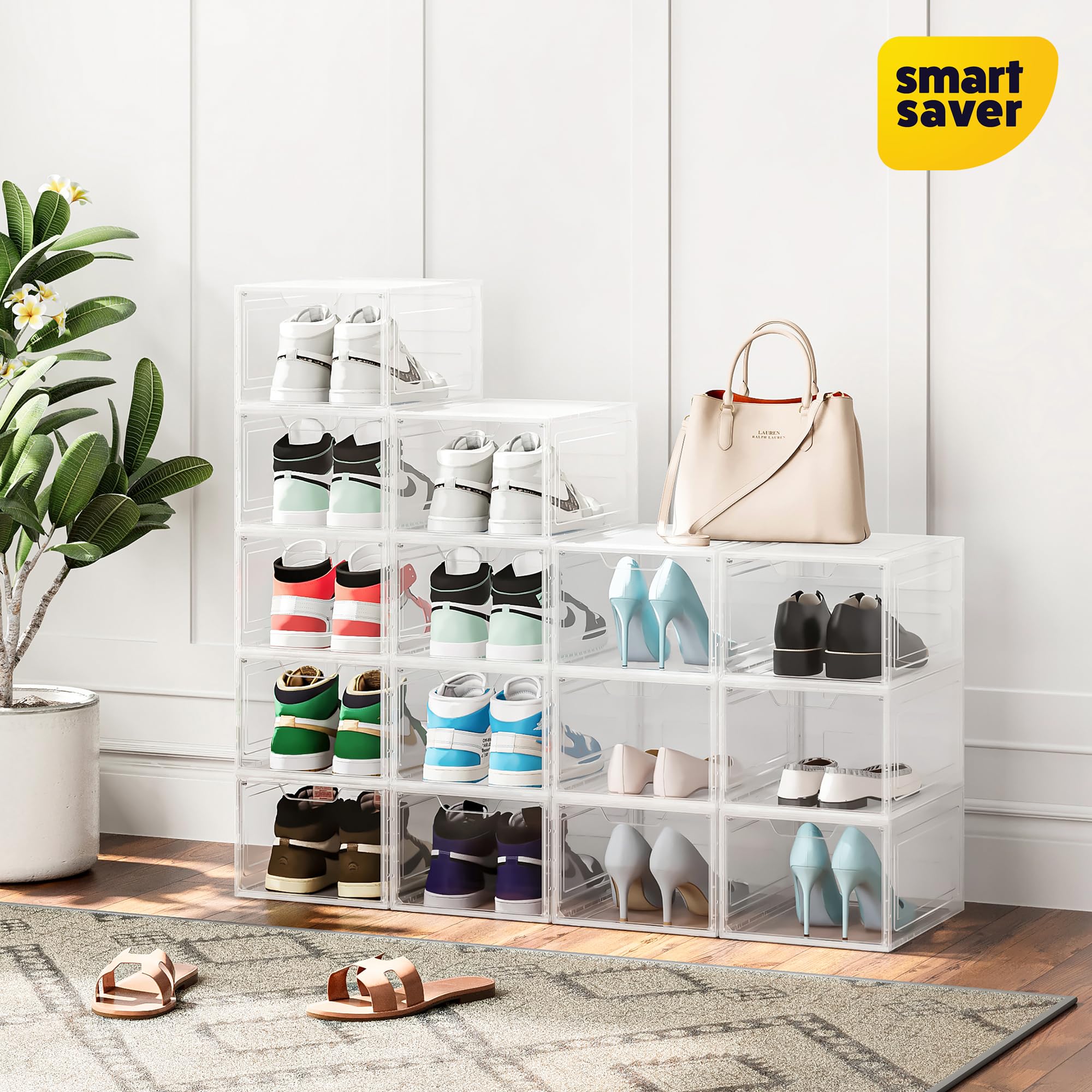 Smart Saver Solid Plastic Shoe Organizer, Shoe Storage with Magnetic Front Door, Shoe Rack 3 Pack Shoe Boxes Clear, Sneaker Storage, Shoe Organizer for Closet, Shoe Display Case, White 4