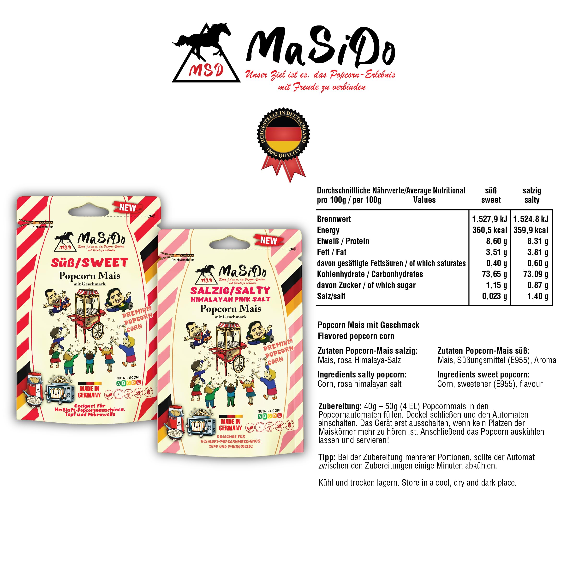 MSD MaSiDo maïs à pop-corn premium salé d'Allemagne avec sel de l'Himalaya, maïs Butterfly en pack économique, sans OGM, végétalien, sans gluten, sans lactose (2x 0,5 kg paquet salé)