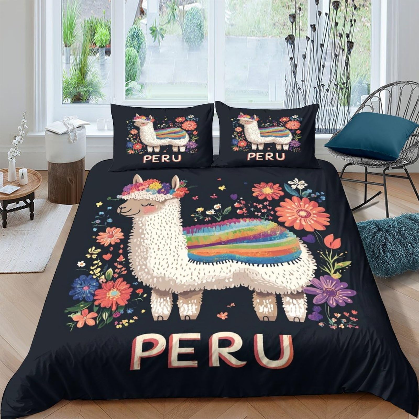 TUFRTGYHN 3D Printed Llama Floral Duvet Cover Microfiber Soft Breathable Peru Pattern Bedding Set with 2 Pillowcases for Bedroom Single（135x200cm）