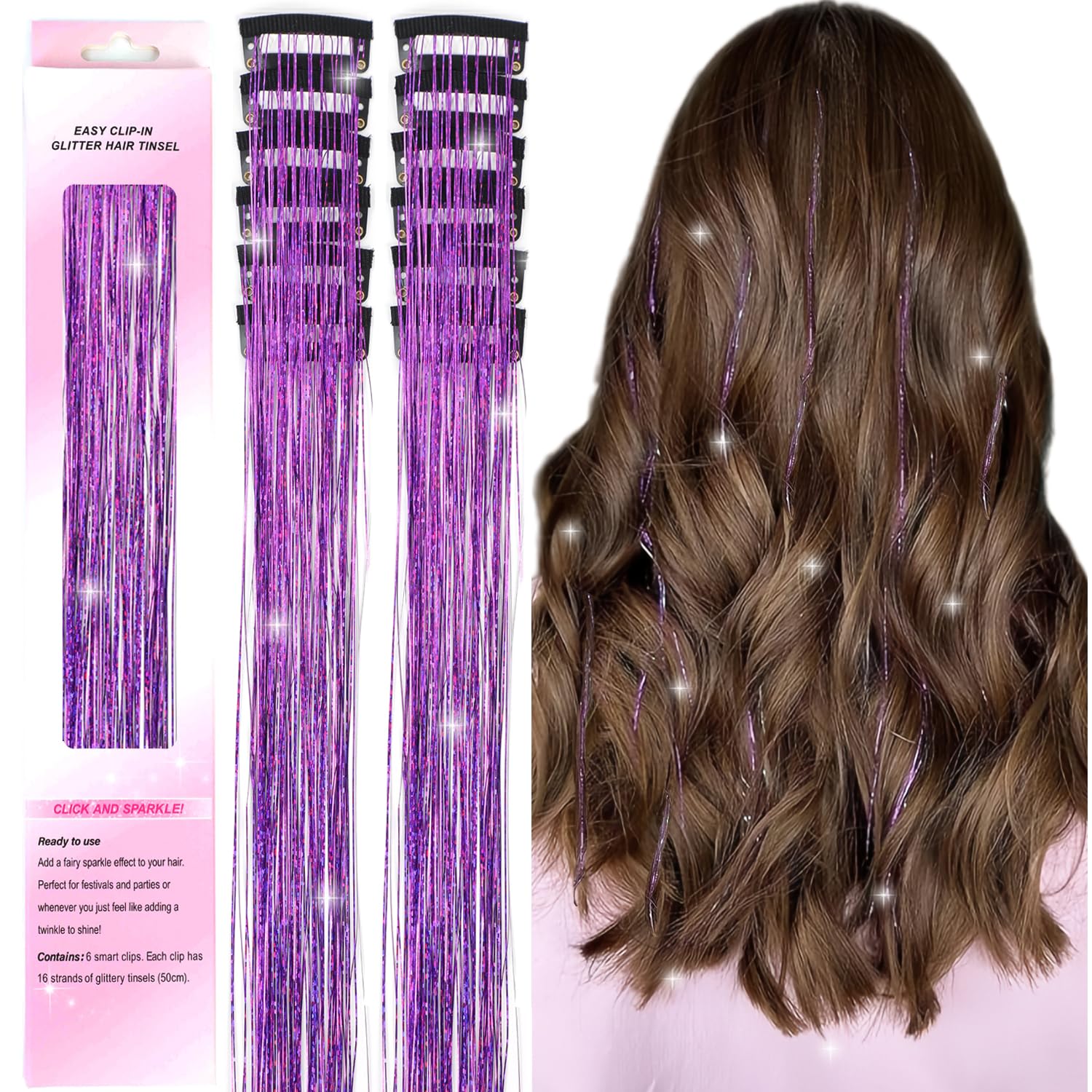 VIVIAN 2Pcs Hair Tinsel Clip in Hair Tinsel Clips Glitter Tinsel Hair Extensions Clip in Hair Tinsel Fairy Hair Tinsel Heat Resistant Sparkly Hair Accessories for Girls Women (2Pcs Purple)
