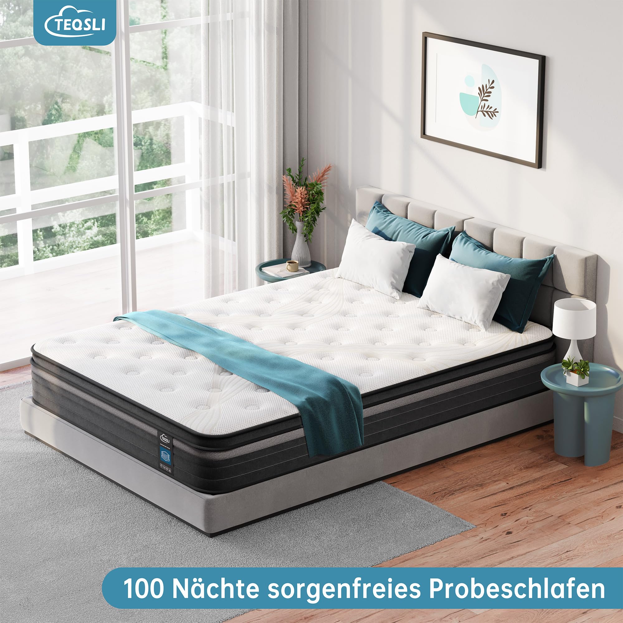TeQsli Gel Taschenfederkernmatratze 140x200 cm 25 cm Höhe H3 Härtegrad, Ergonomische 9-Zonen Matratze, Orthopädische Federkernmatratze mit Gel-Memory-Schaum, Öko-Tex & CertiPUR Zertifiziert