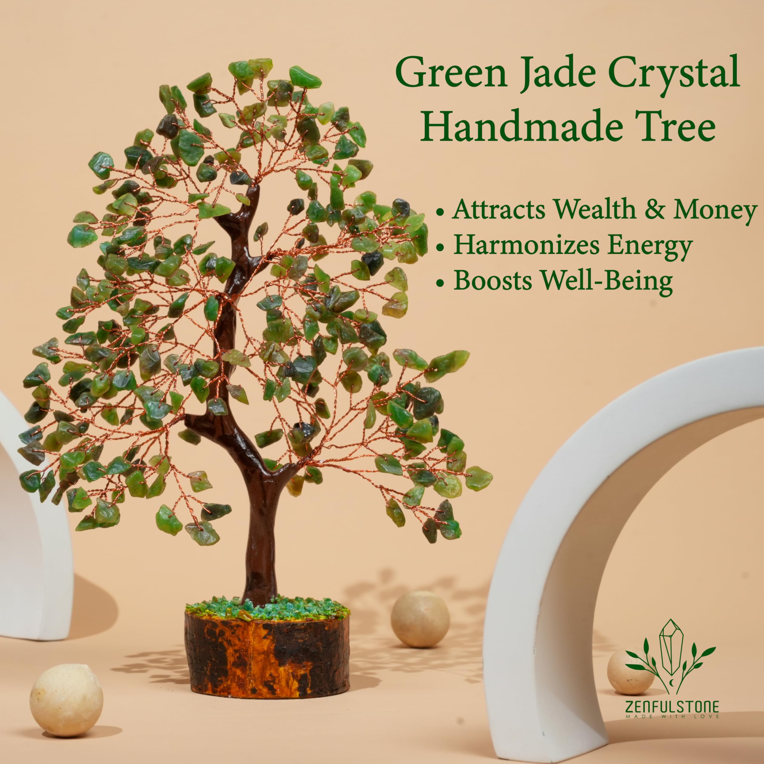 ZENFULSTONE Green Jade Crystal Tree of Life for Luck & Prosperity Decor for Home and Office, Green Jade Copper Wire, 25- 28 Centimeter - Image 4
