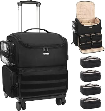 Relavel Rolling Makeup Case, Professional Makeup Artist Set Bag Cosmetic Organizer with 4 Clear Bags & Adjustable Dividers, Large Capacity Travel Train Case, Black