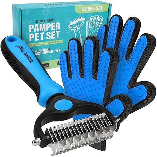 Maxpower Planet Pet Grooming Brush and 2X Grooming Gloves Combo - Double Sided Dematting, Deshedding Undercoat Rake for Dogs and Cats - Reduce Shedding Easily - Blue - Rake and Glove Kit (Best Value) - Large