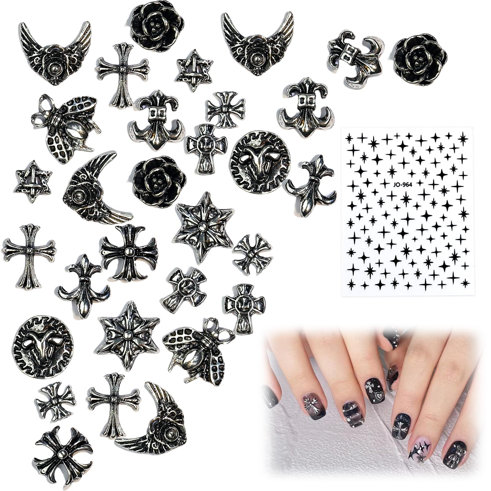 50PCS Cross Nail Art Charms 3D Punk Metal Nail Decorations for Women & Girls, Halloween Antique Silver DIY Manicure Accessories, Gothic Rose, Studs, Rivets, Hearts, Stars, Ornaments for Nail Design