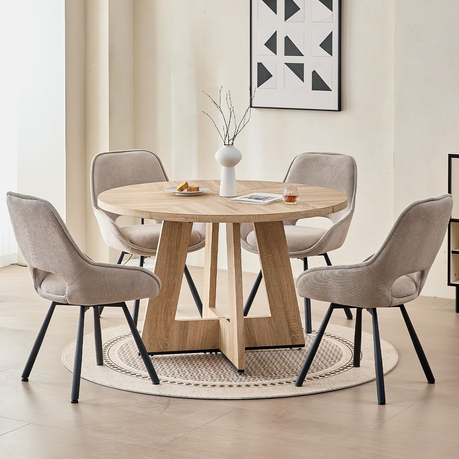 Lecafur HL 47" Round Dining Room Table Set for 4, [Fanned Base] [1.38" Thick Top] Wood Kitchen Table with 4 Swivel Dining Chairs