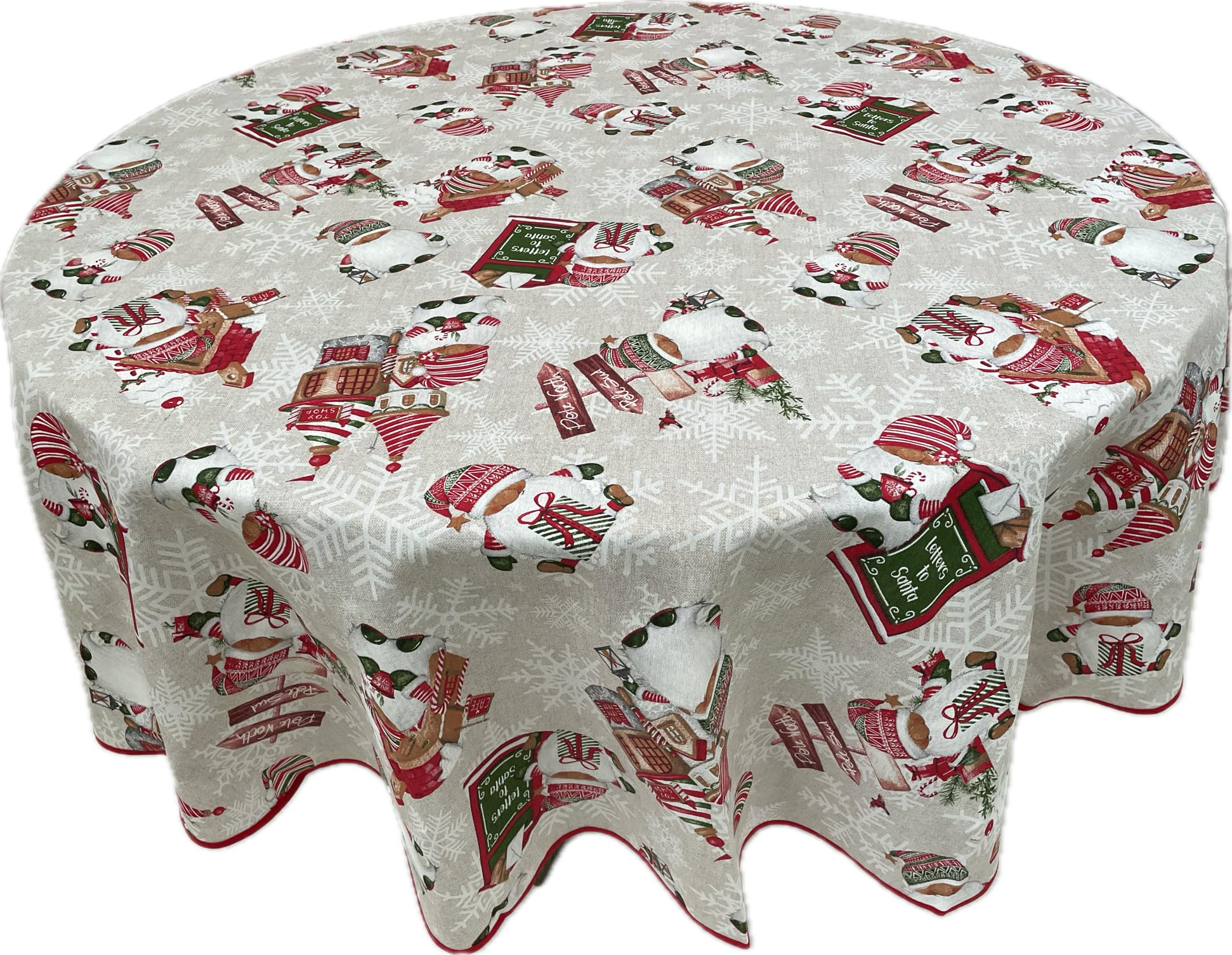 1KDreams Mantel navideño redondo con diseño de Elfos y gnomos de Navidad. (Rojo, diámetro 180 cm)