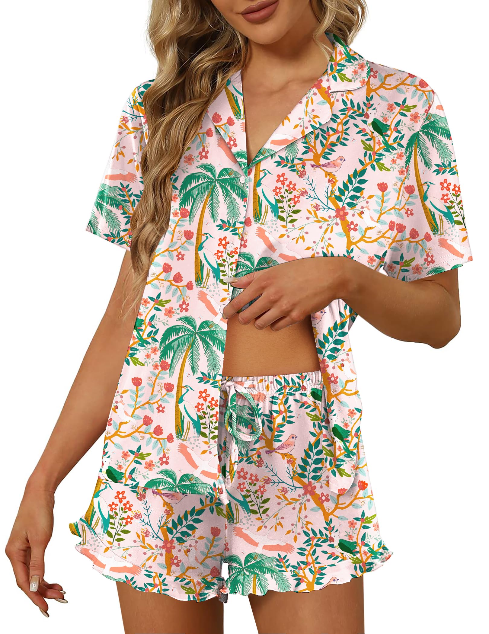 Ekouaer Pajamas Set for Women Short Sleeve Sleepwear Button Down Ruffle Pjs | Soft Pjs Shorts Set, Notch Collar, Lounge Sets for Sleep, Lounge, Wedding, Bridal Party