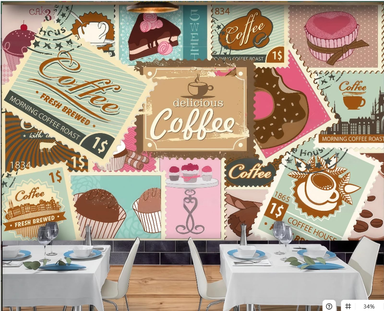 Carta Da Parati Moda Dipinta A Mano Timbro Caffè Etichetta Dessert Panetteria Tè Pomeridiano Ristorante Occidentale Sfondo Muro Carta Da Parati Caffetteria Murale,3D,250x175 Cm