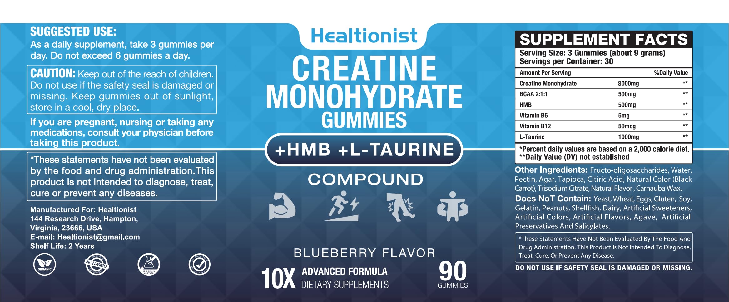 2 Pack 8000MG Creatine HMB Monohydrate Gummies for Men & Women, L-Taurine & Vitamin B6 12, 180 Blueberry Flavor Counts Supplement Gummies (60-Day Supply) — Amazon image 8